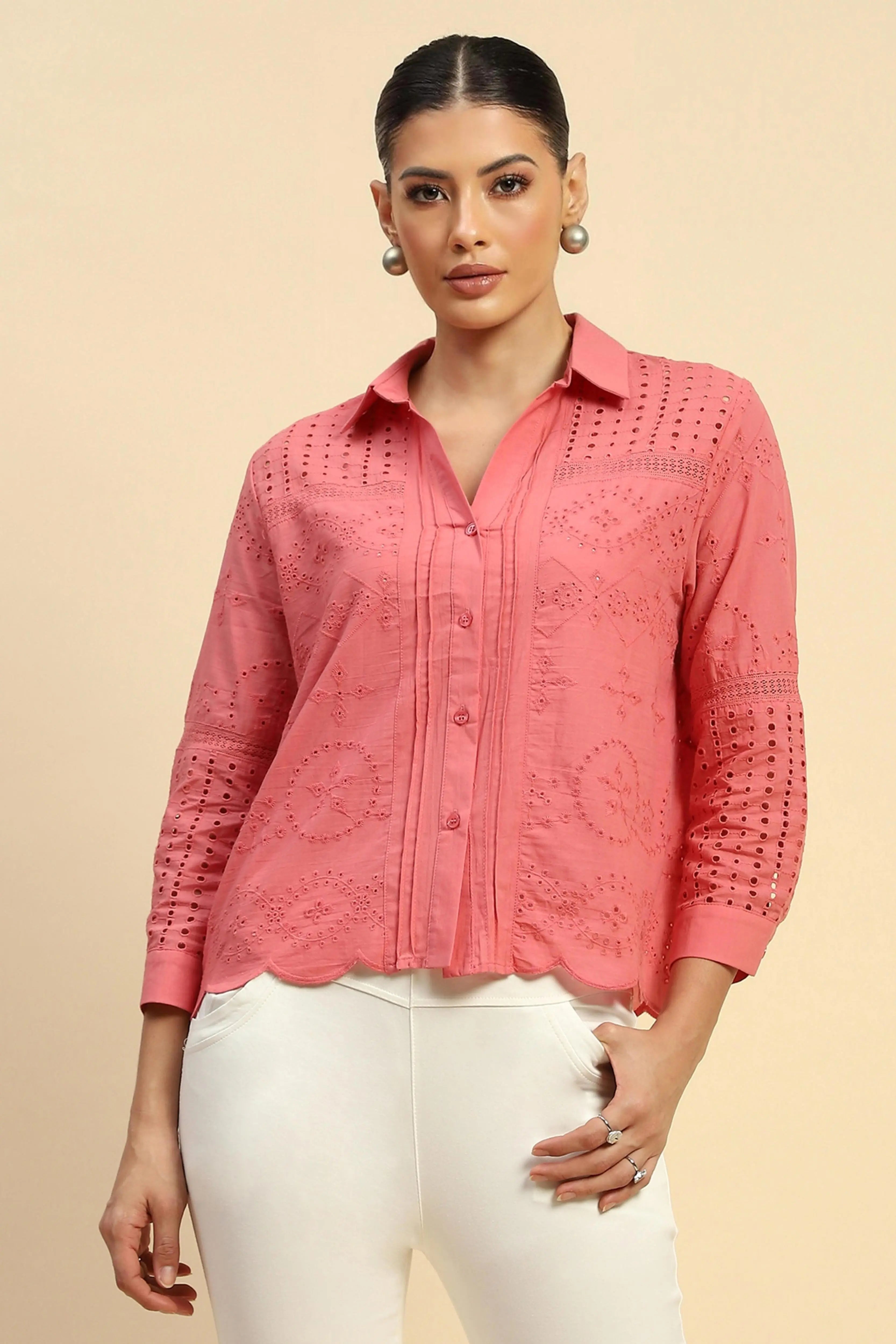 Schiffli Embroidered Loose Fit Shirt - Global Republic