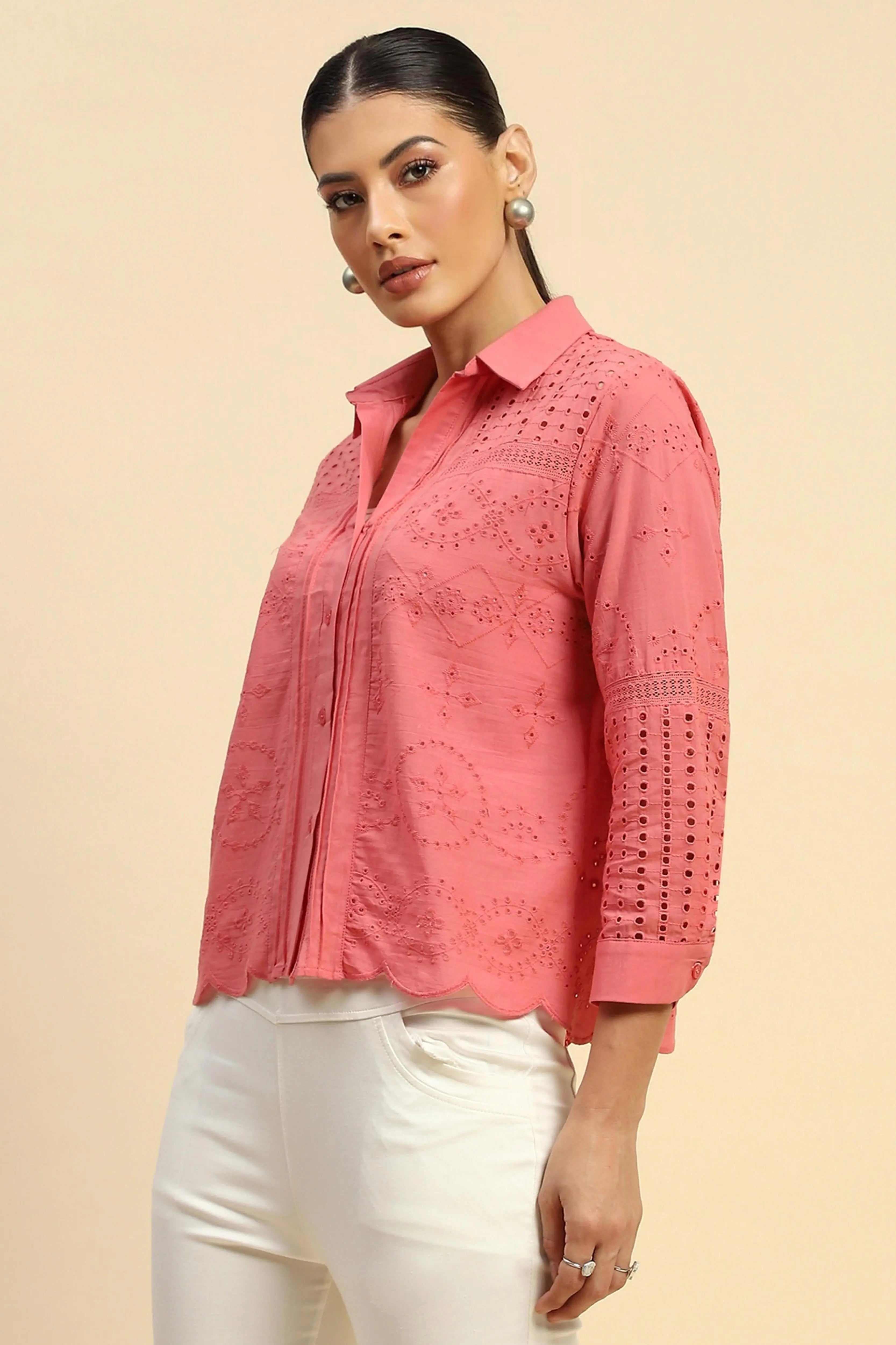 Schiffli Embroidered Loose Fit Shirt - Global Republic