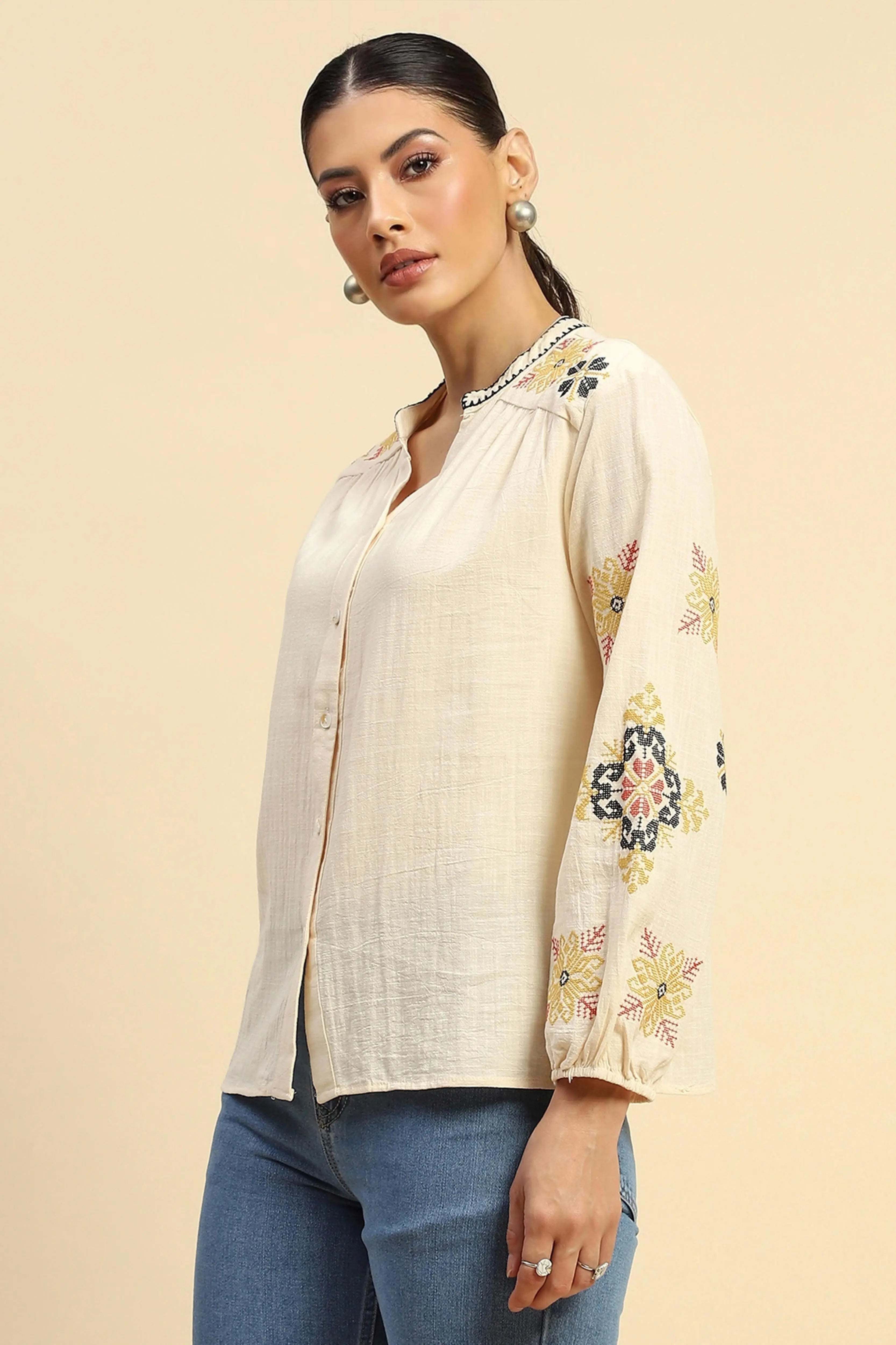 Cream Embroidered Cotton Loose Shirt - Global Republic