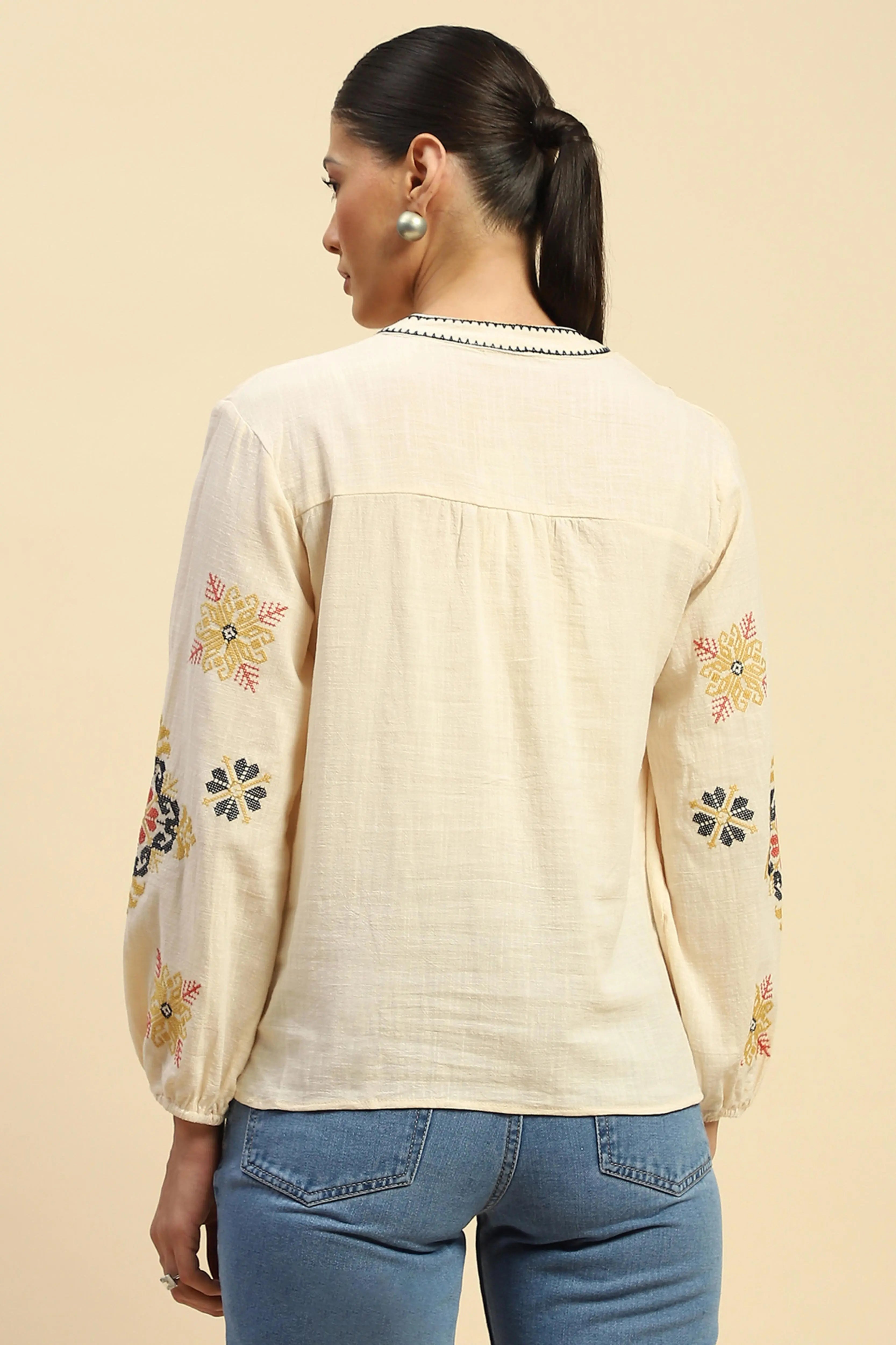 Cream Embroidered Cotton Loose Shirt - Global Republic