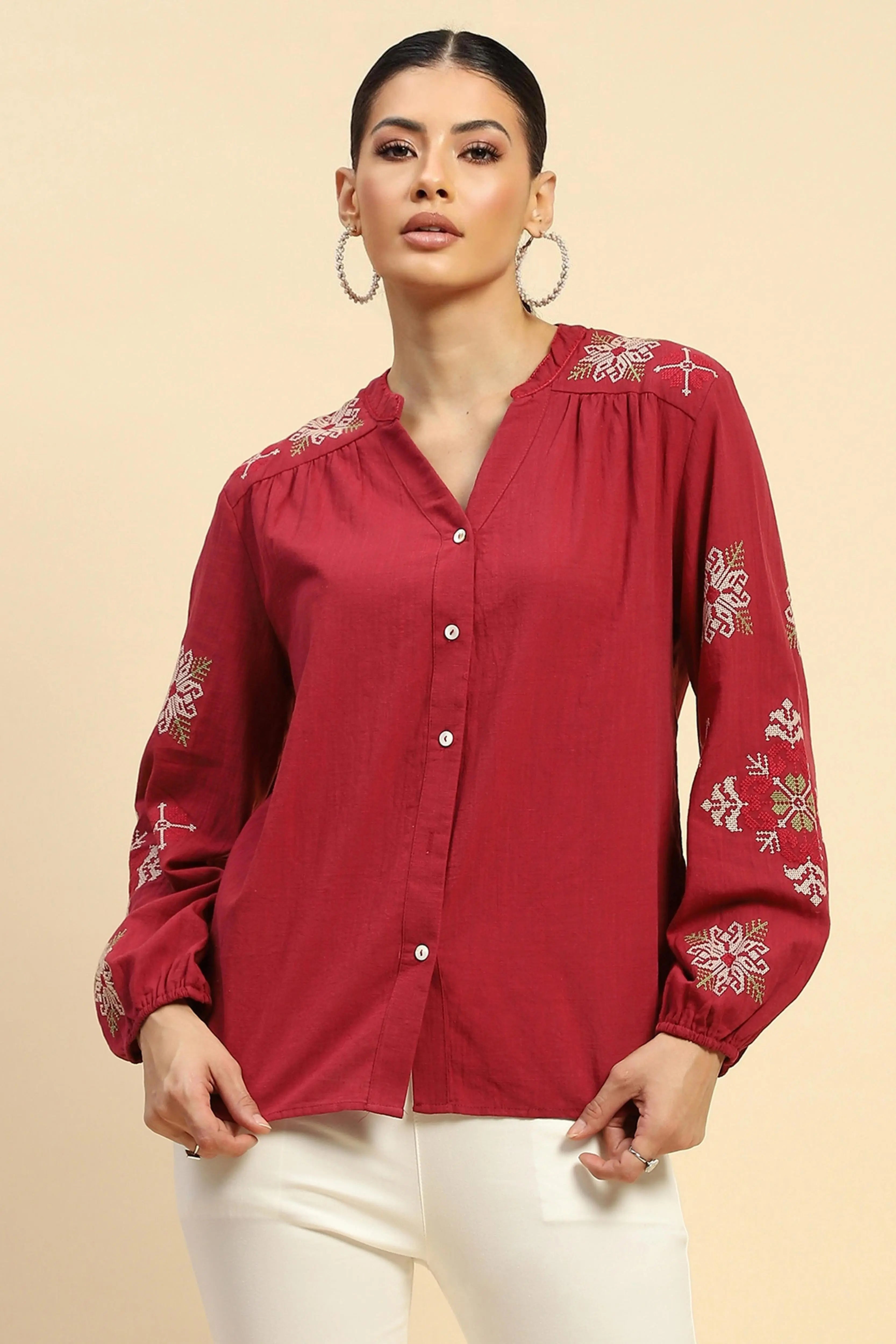 Wine Embroidered Cotton Loose Shirt - Global Republic