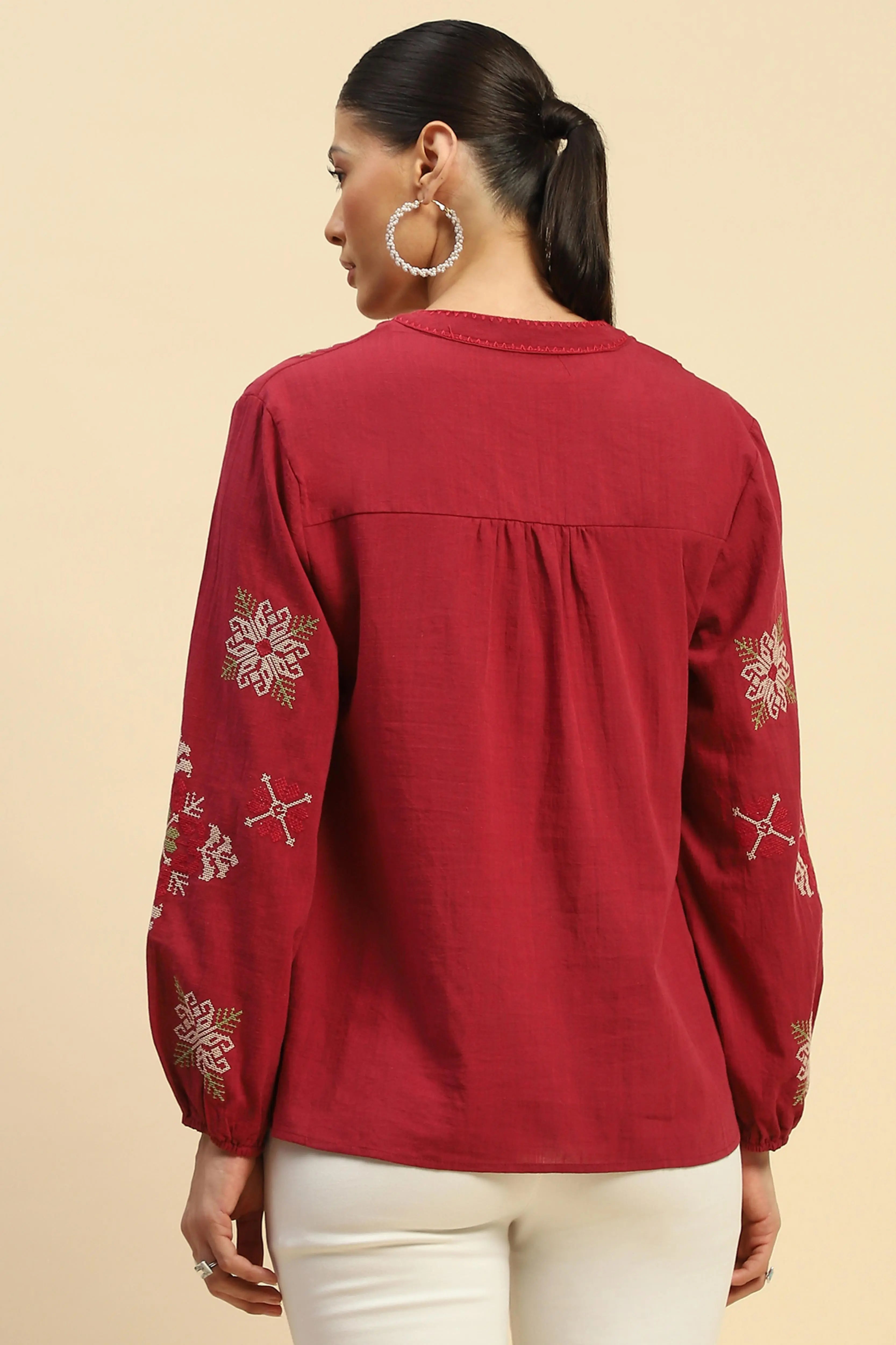 Wine Embroidered Cotton Loose Shirt - Global Republic