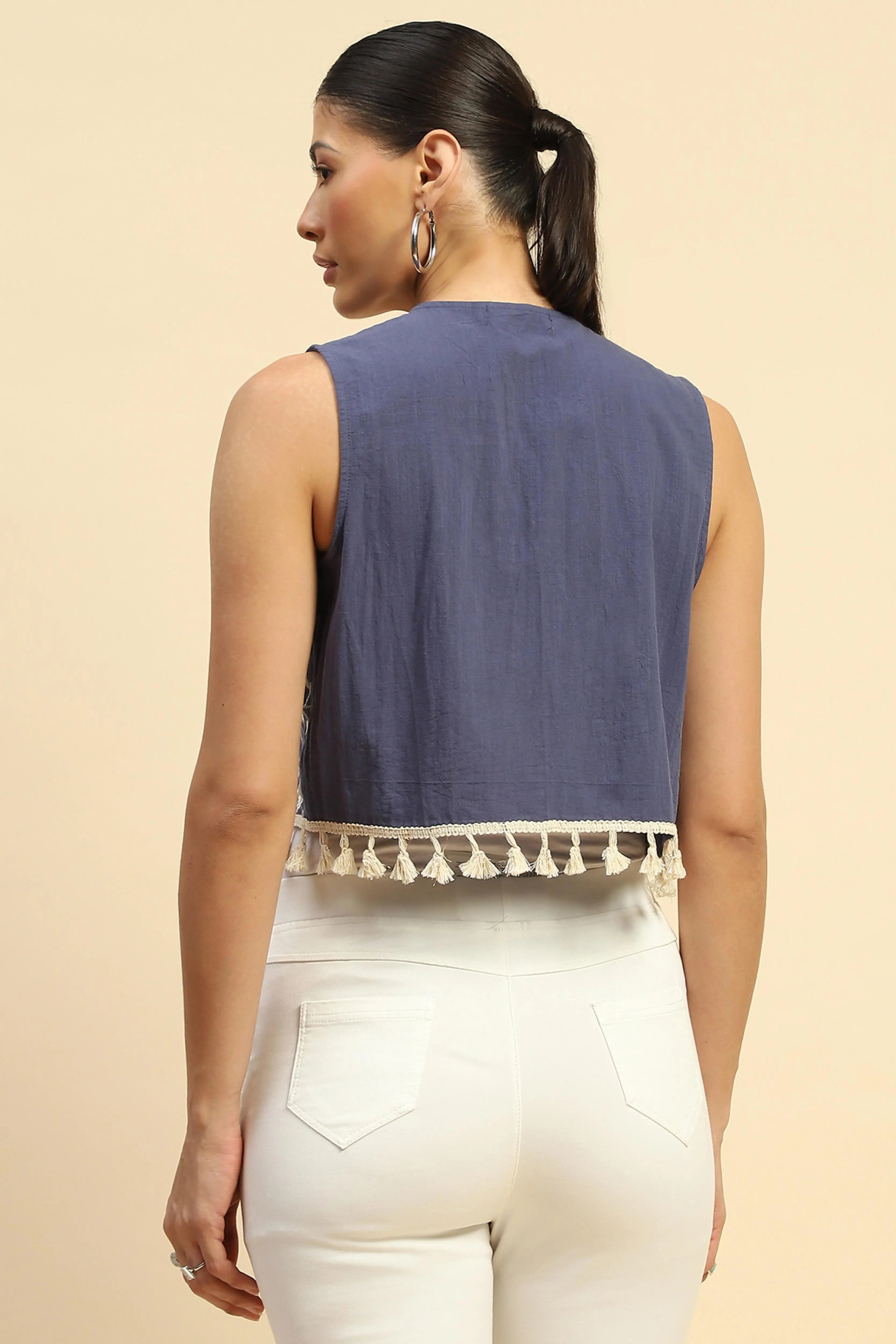 Blue Cotton Embroidered Waist Coat - Global Republic