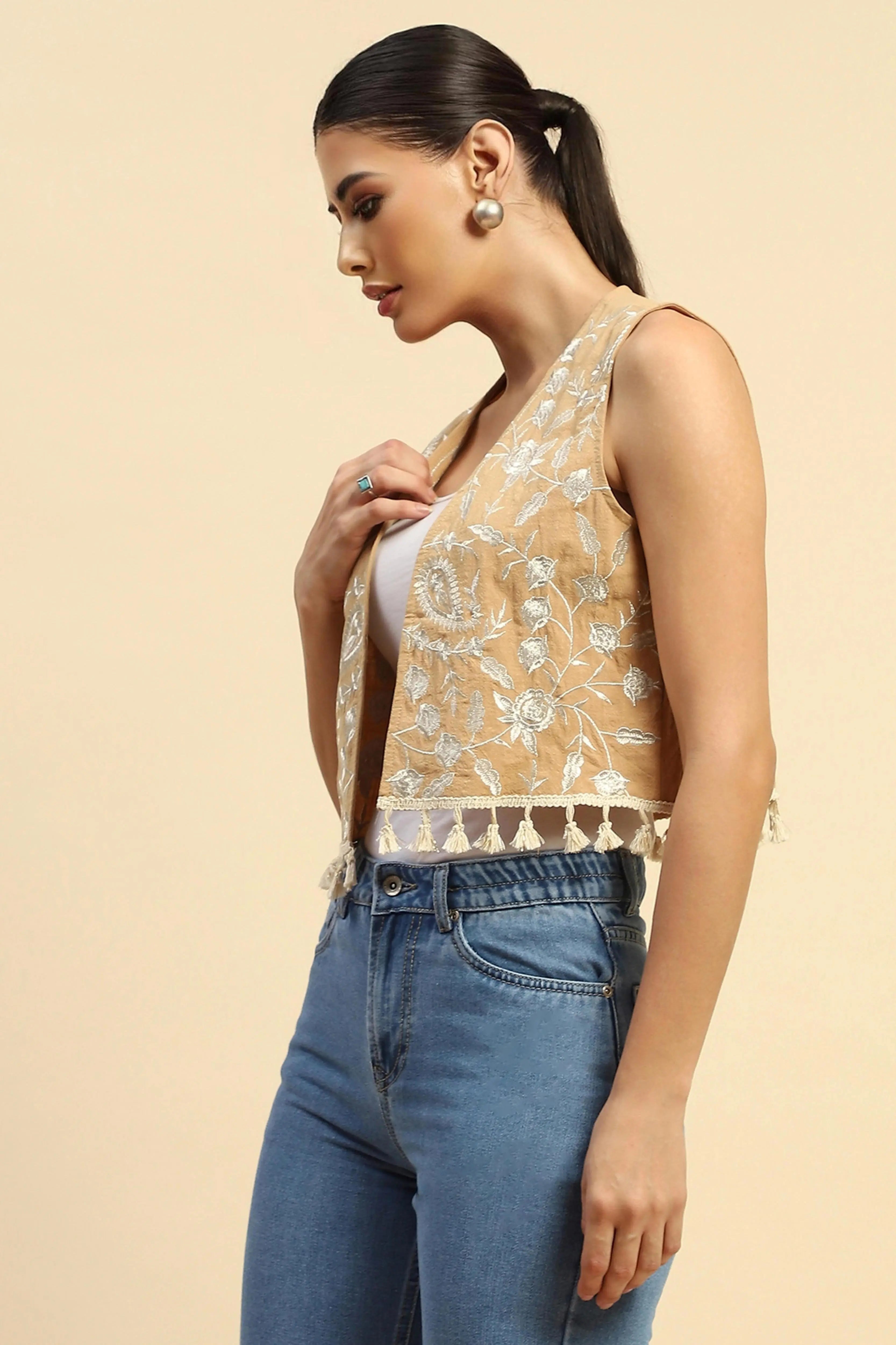 Beige Cotton Embroidered Waist Coat - Global Republic