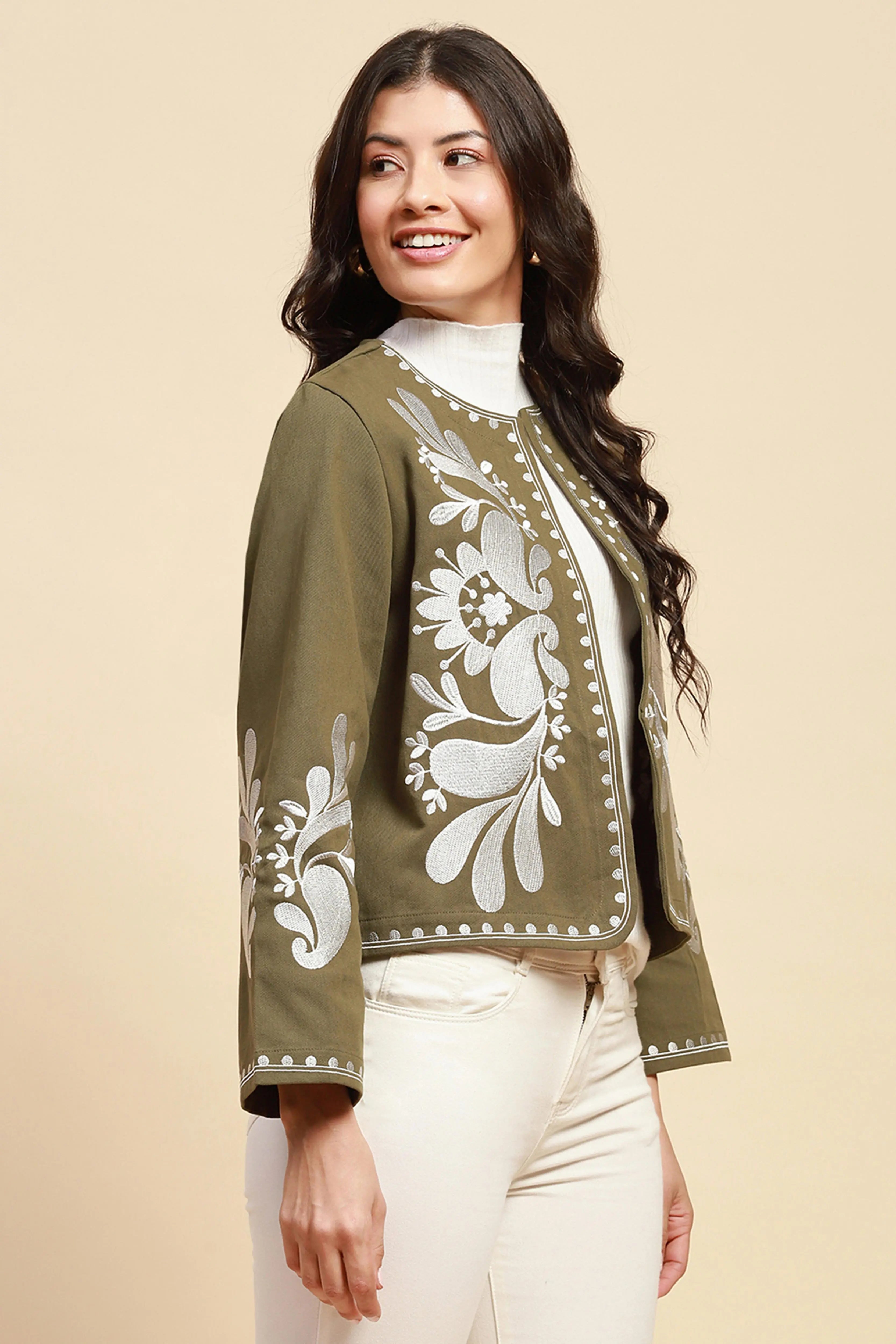 Sage Green Cotton Loose Fit Shrug For Women - Global Republic