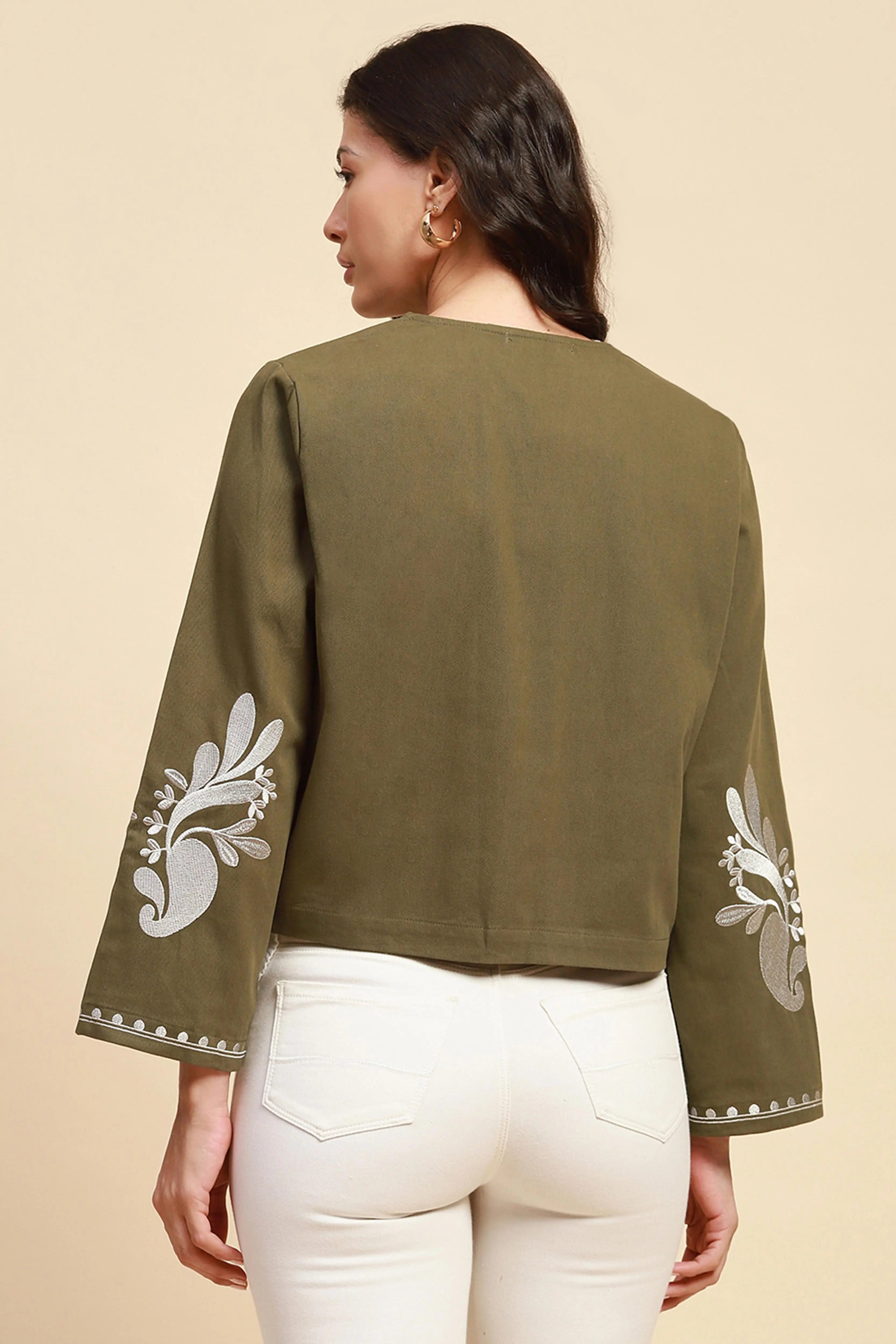 Sage Green Cotton Loose Fit Shrug For Women - Global Republic