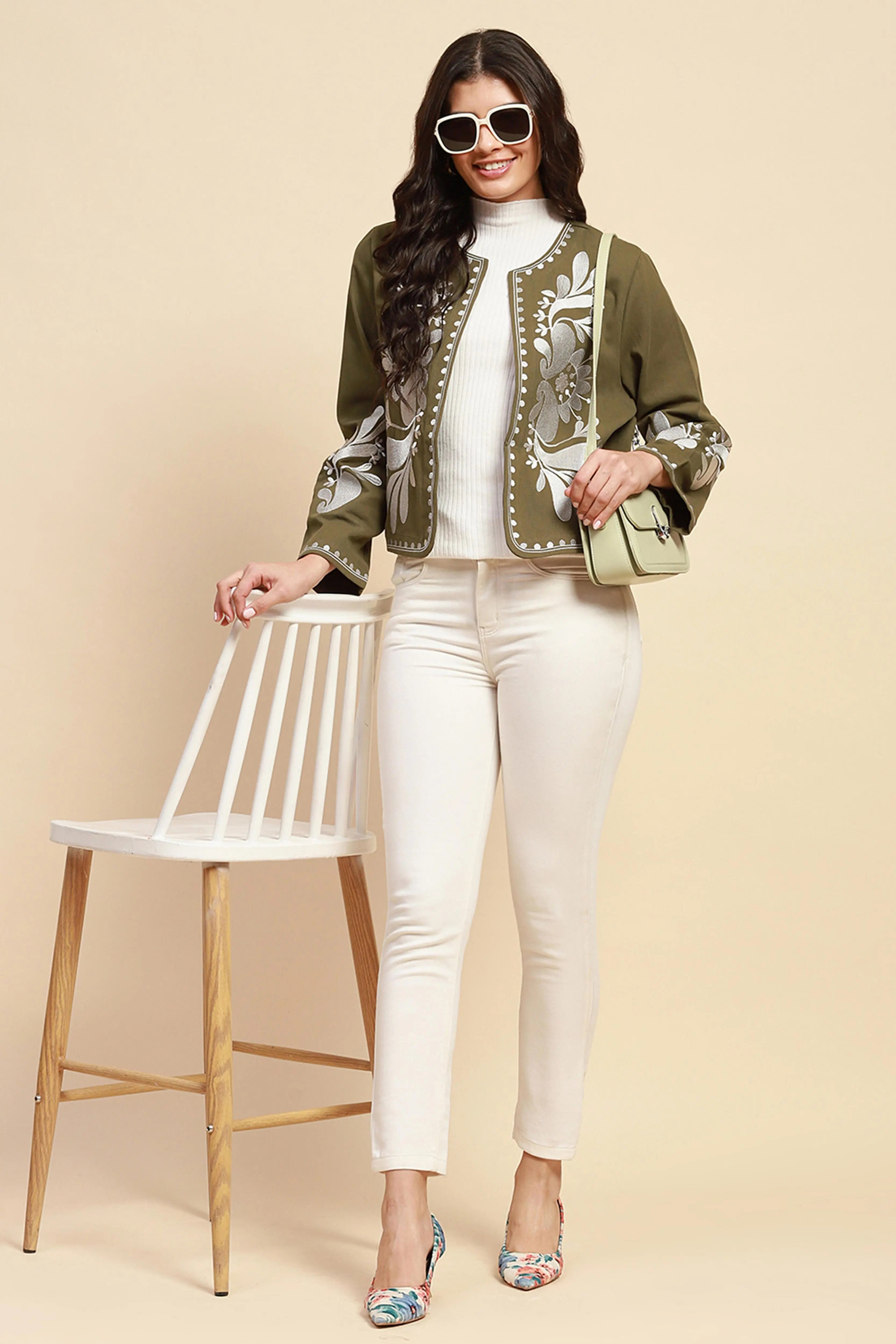 Sage Green Cotton Loose Fit Shrug For Women - Global Republic