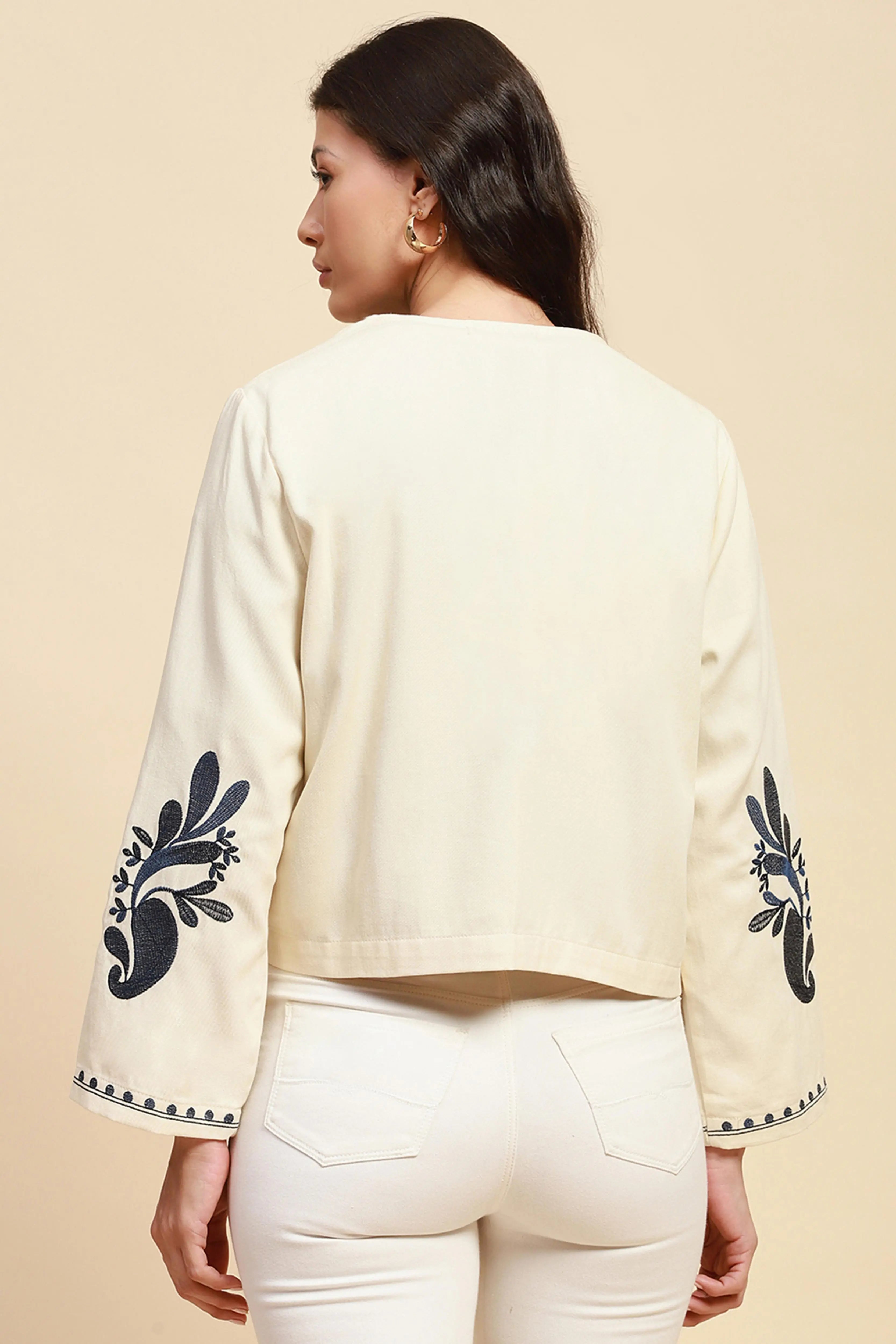 Cream & Blue Cotton Loose Fit Shrug - Global Republic