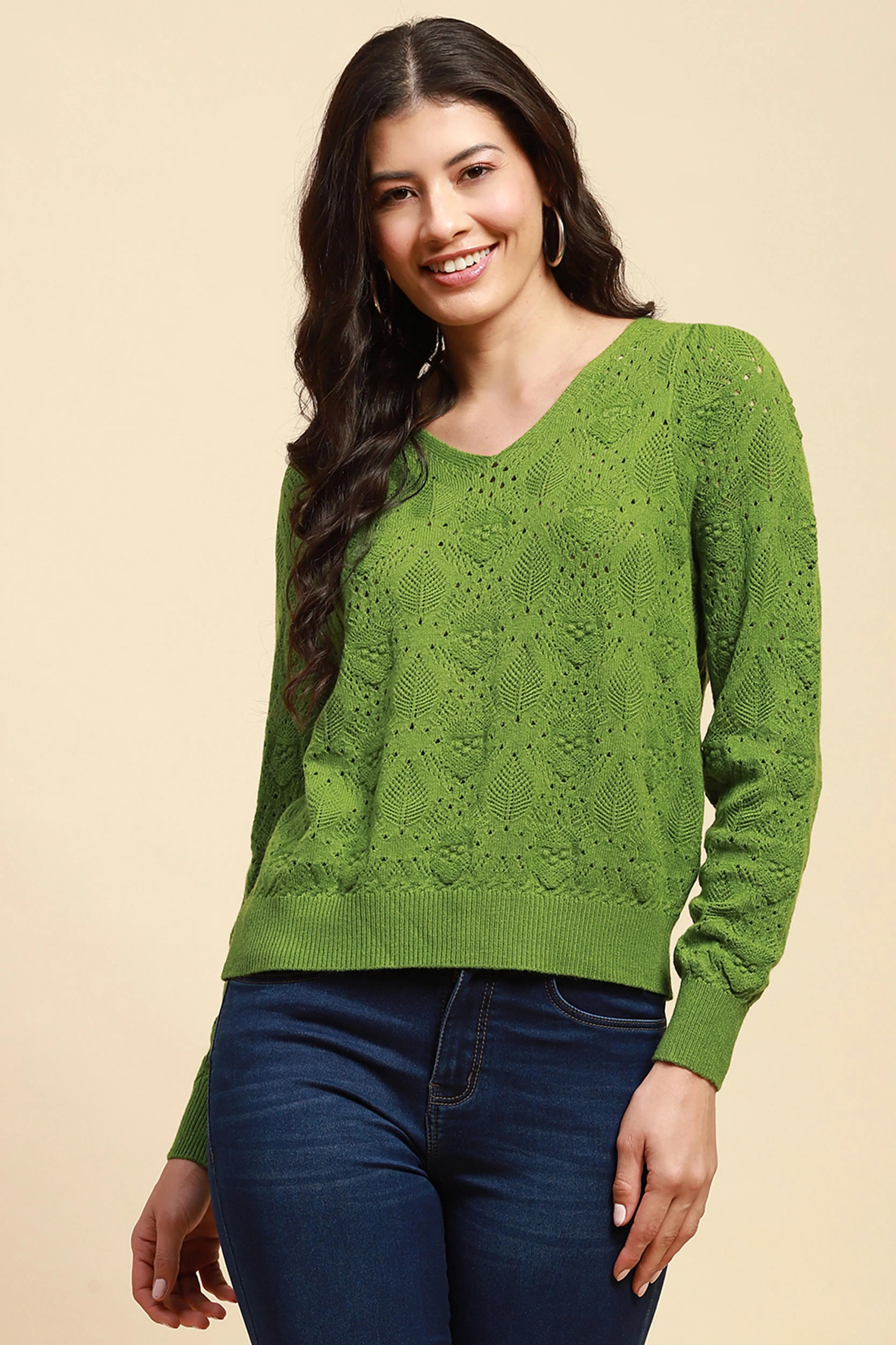Green Viscose Blend Relaxed Fit Pullover For Women - Global Republic