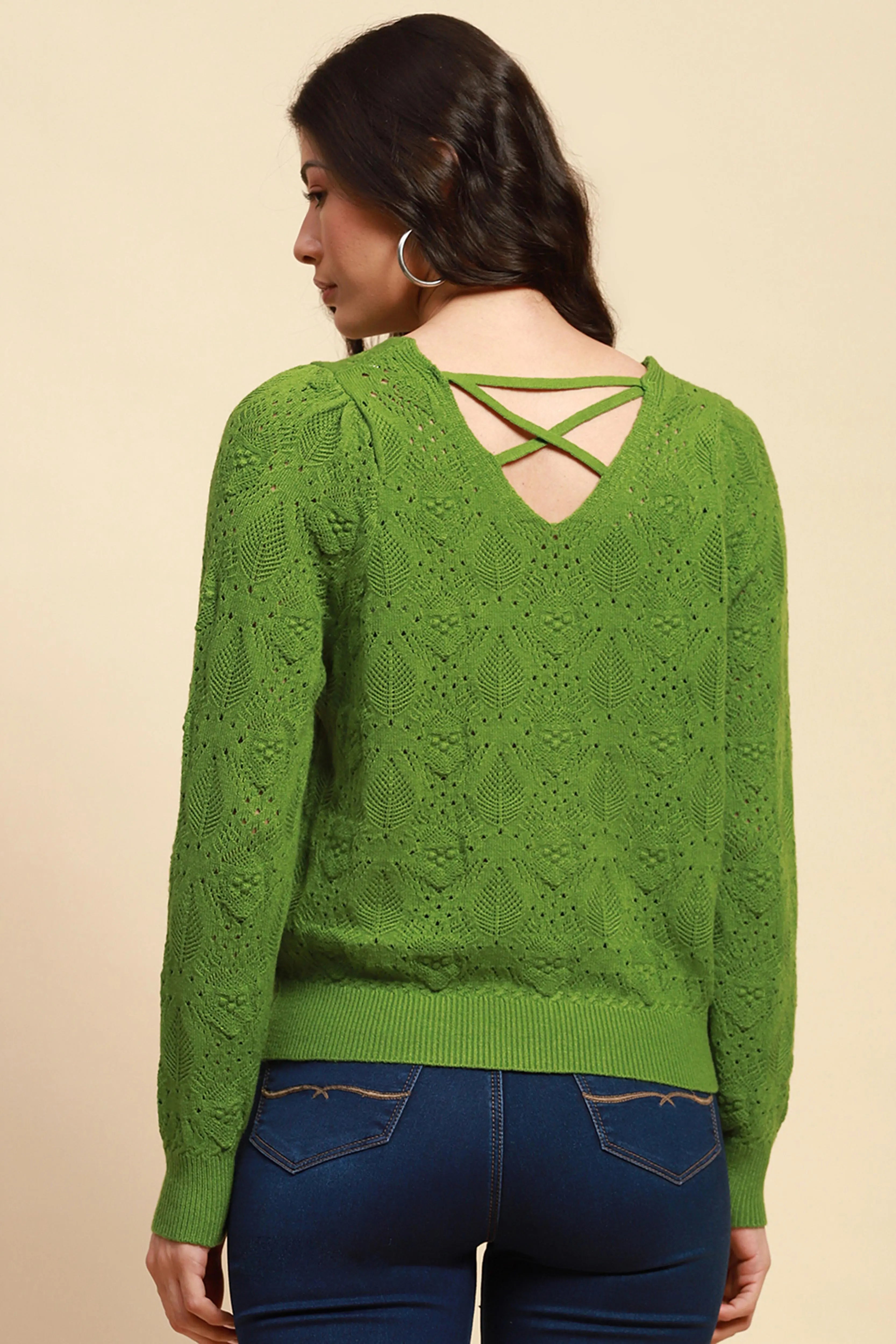 Green Viscose Blend Relaxed Fit Pullover For Women - Global Republic