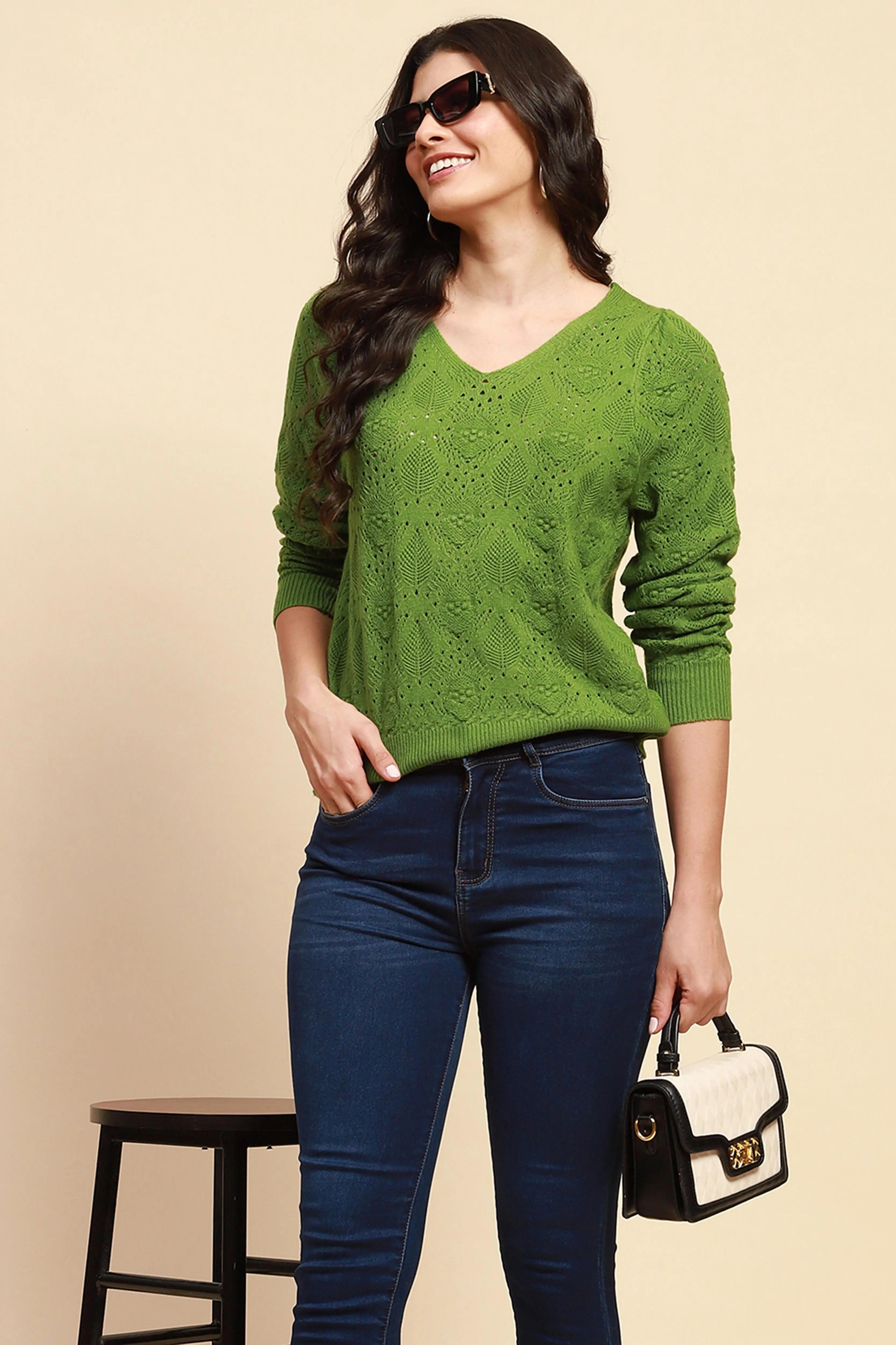 Green Viscose Blend Relaxed Fit Pullover For Women - Global Republic