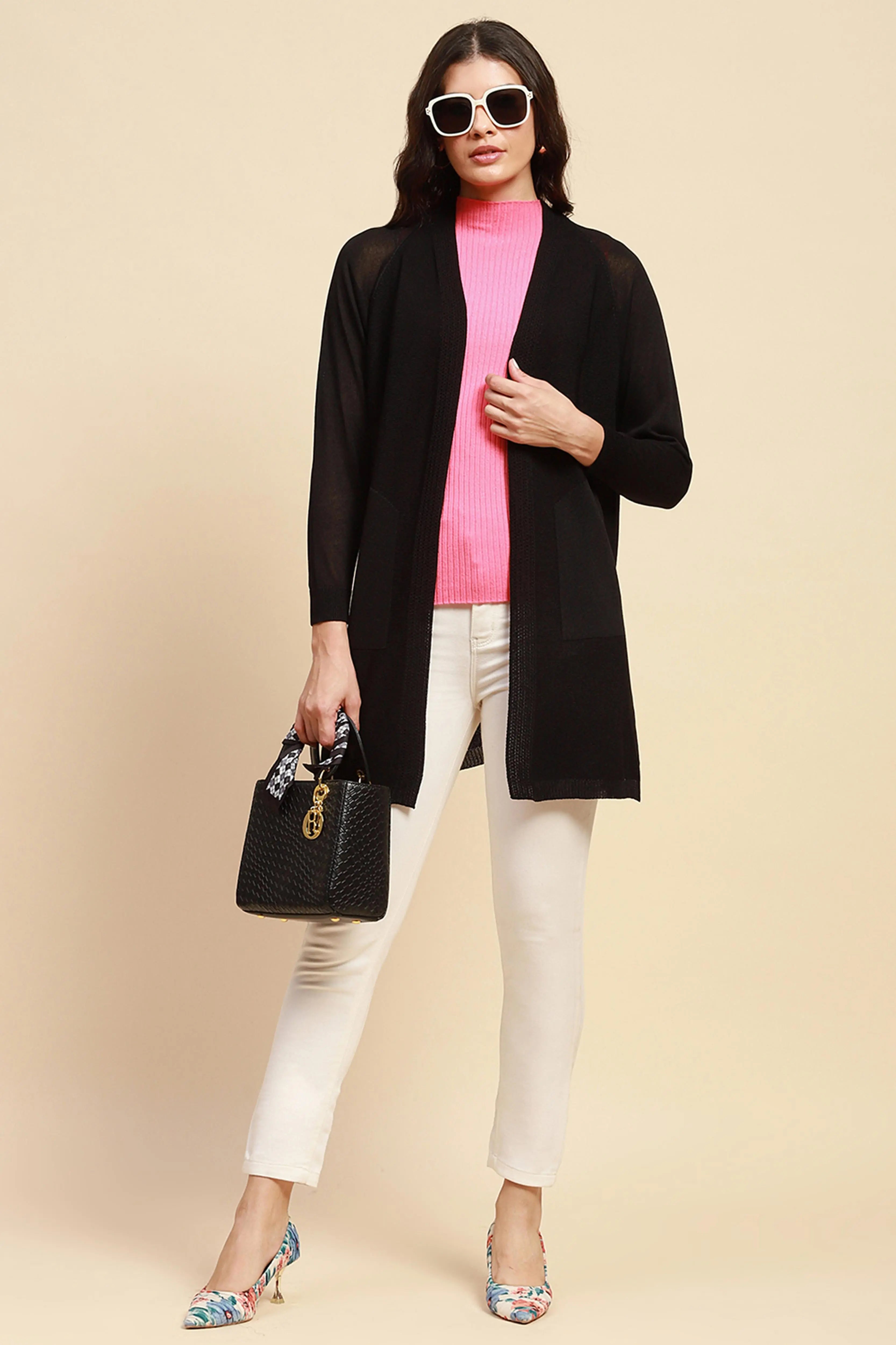 Black Viscose Loose Fit Winter Shrug - Global Republic