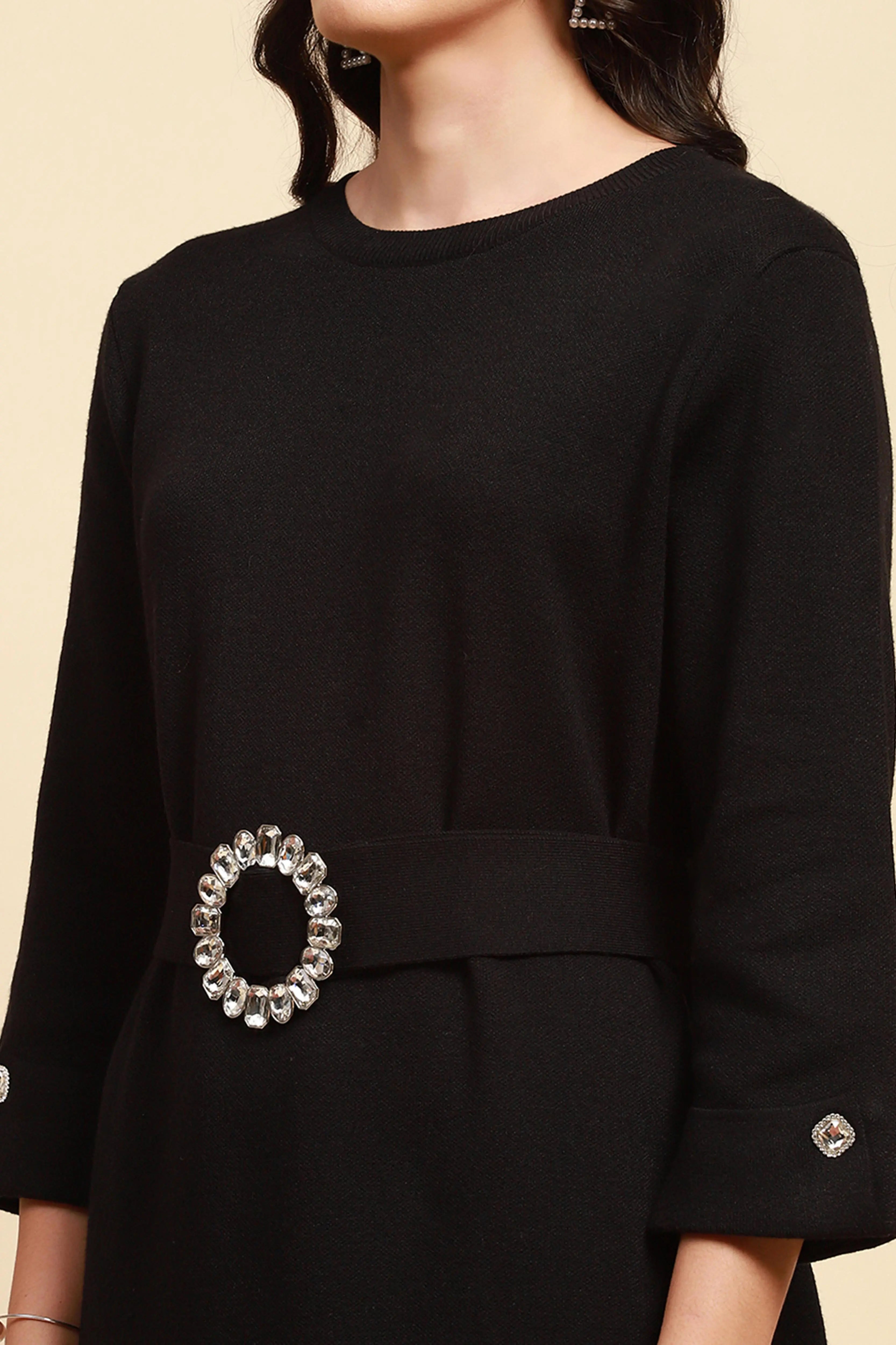Black Viscose Loose Fit Winter Dress - Global Republic