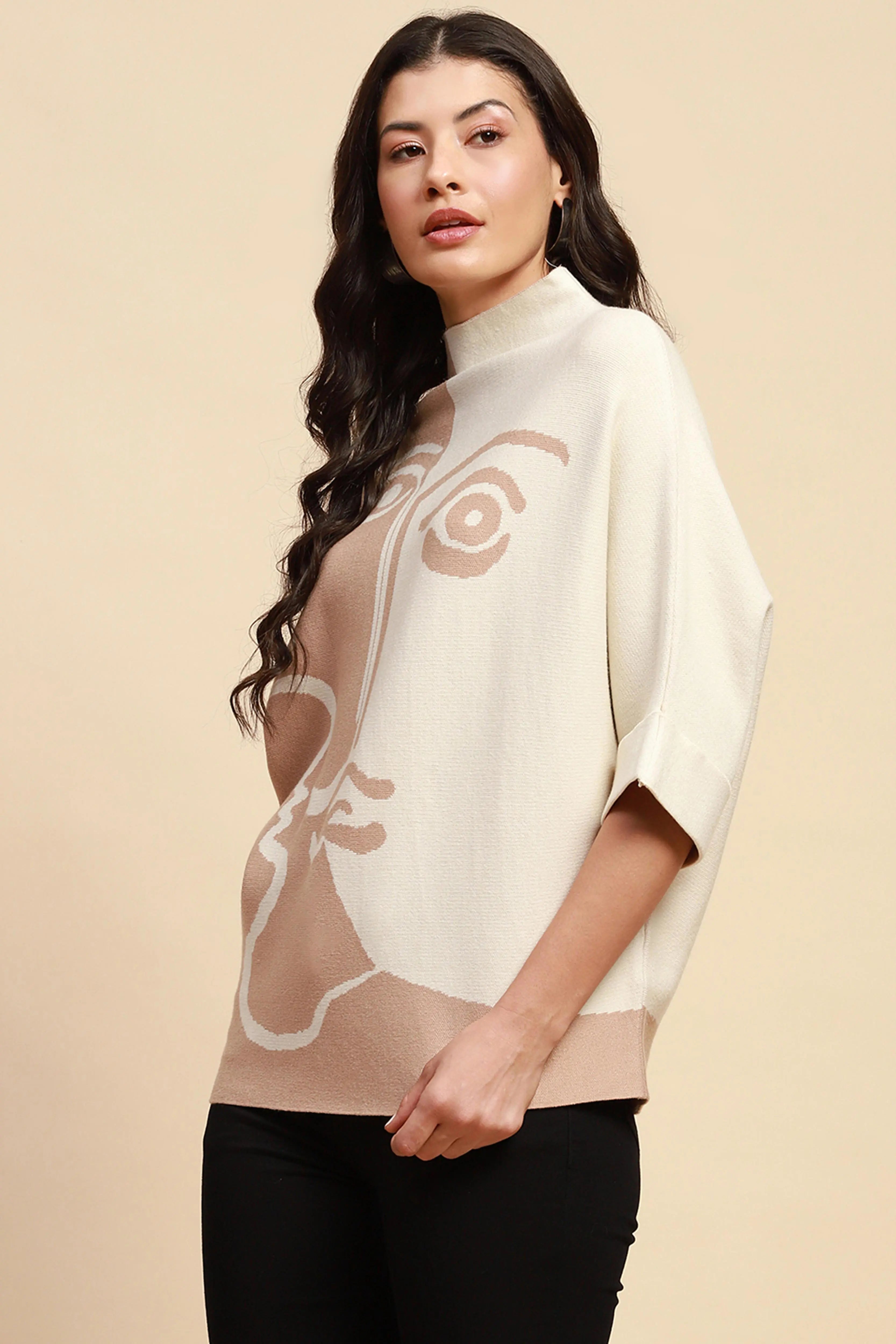Beige Viscose Blend Loose Fit Pullover - Global Republic