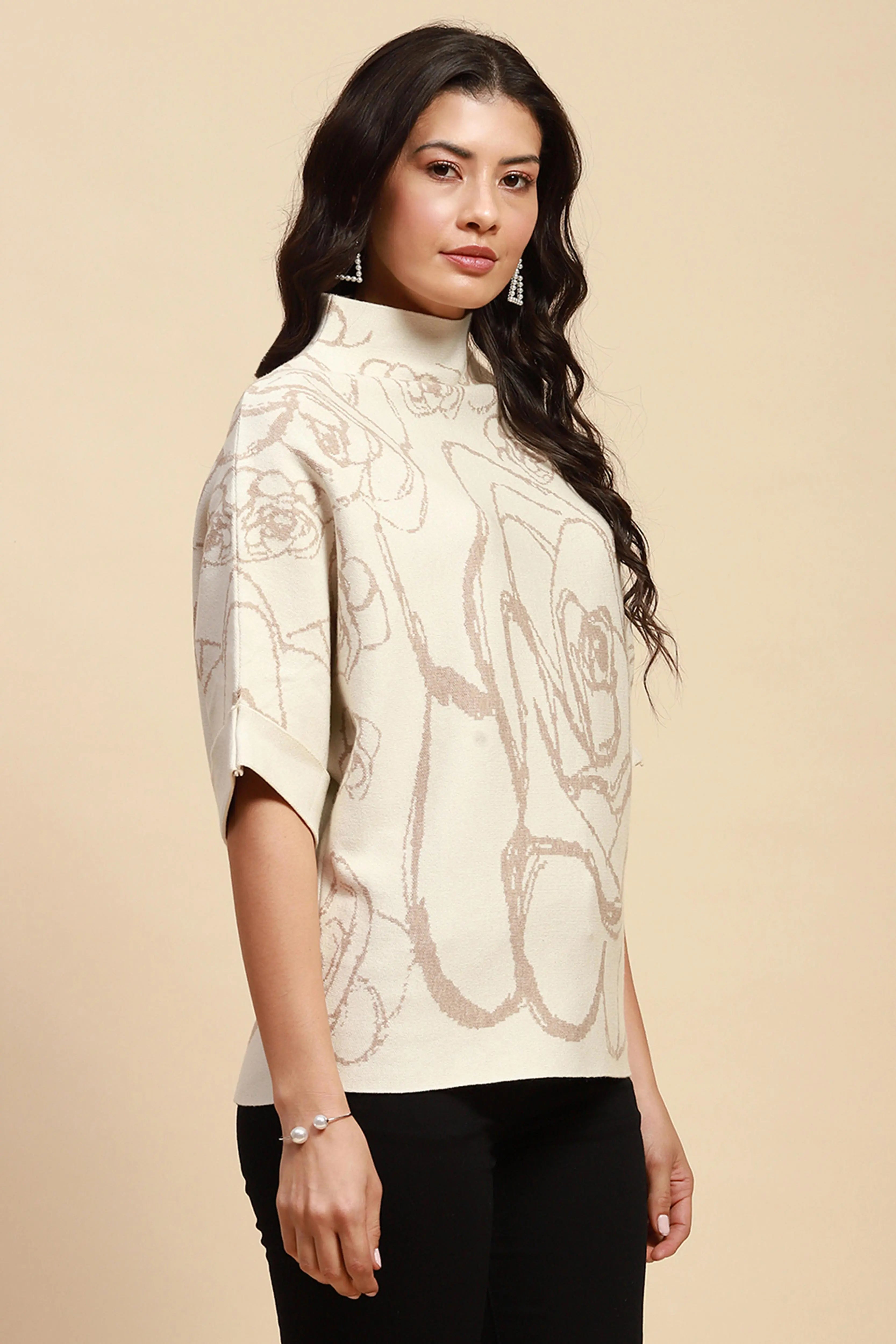 Off White Viscose Loose Fit Pullover - Global Republic