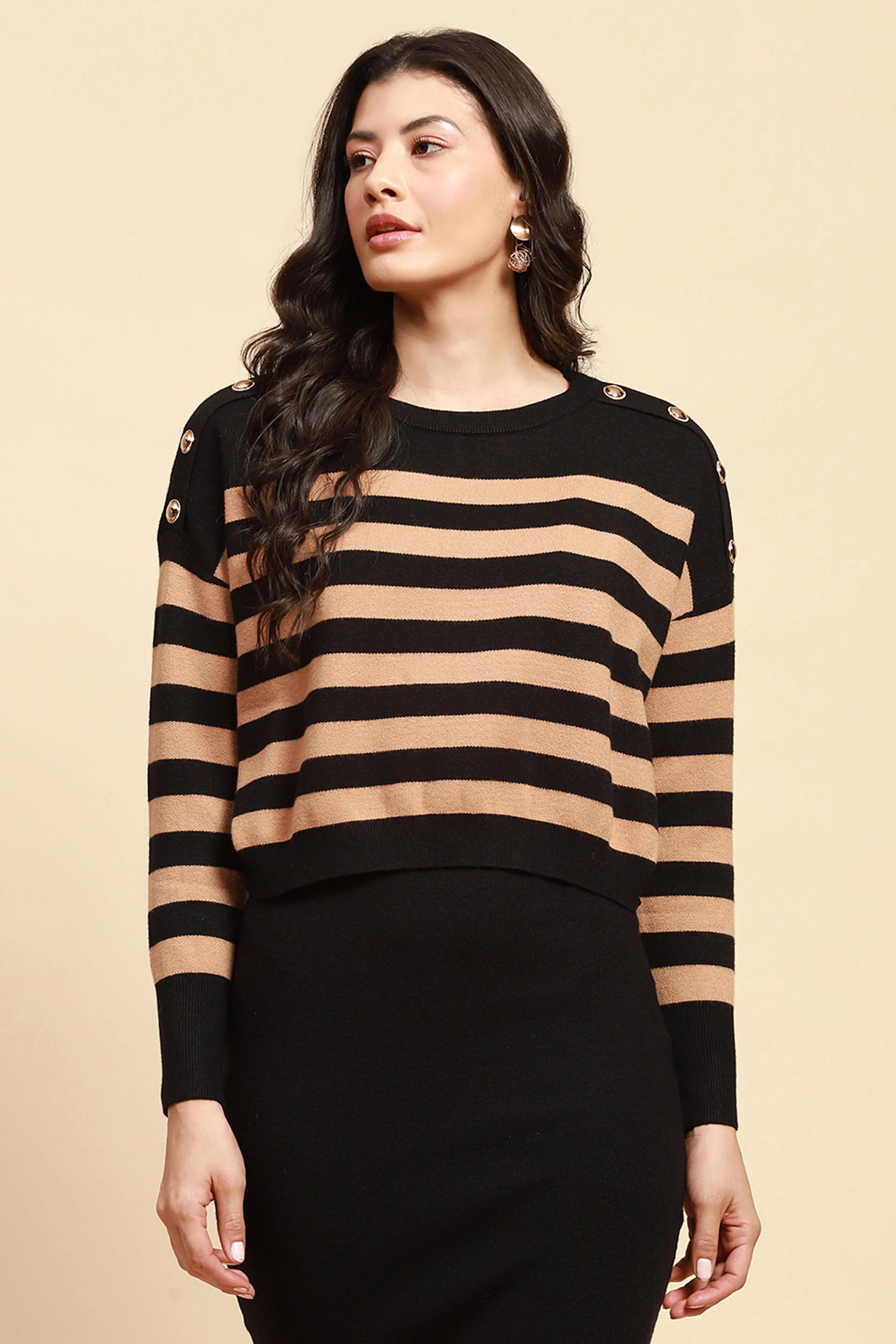 Beige Viscose Blend Boxy Fit Pullover - Global Republic