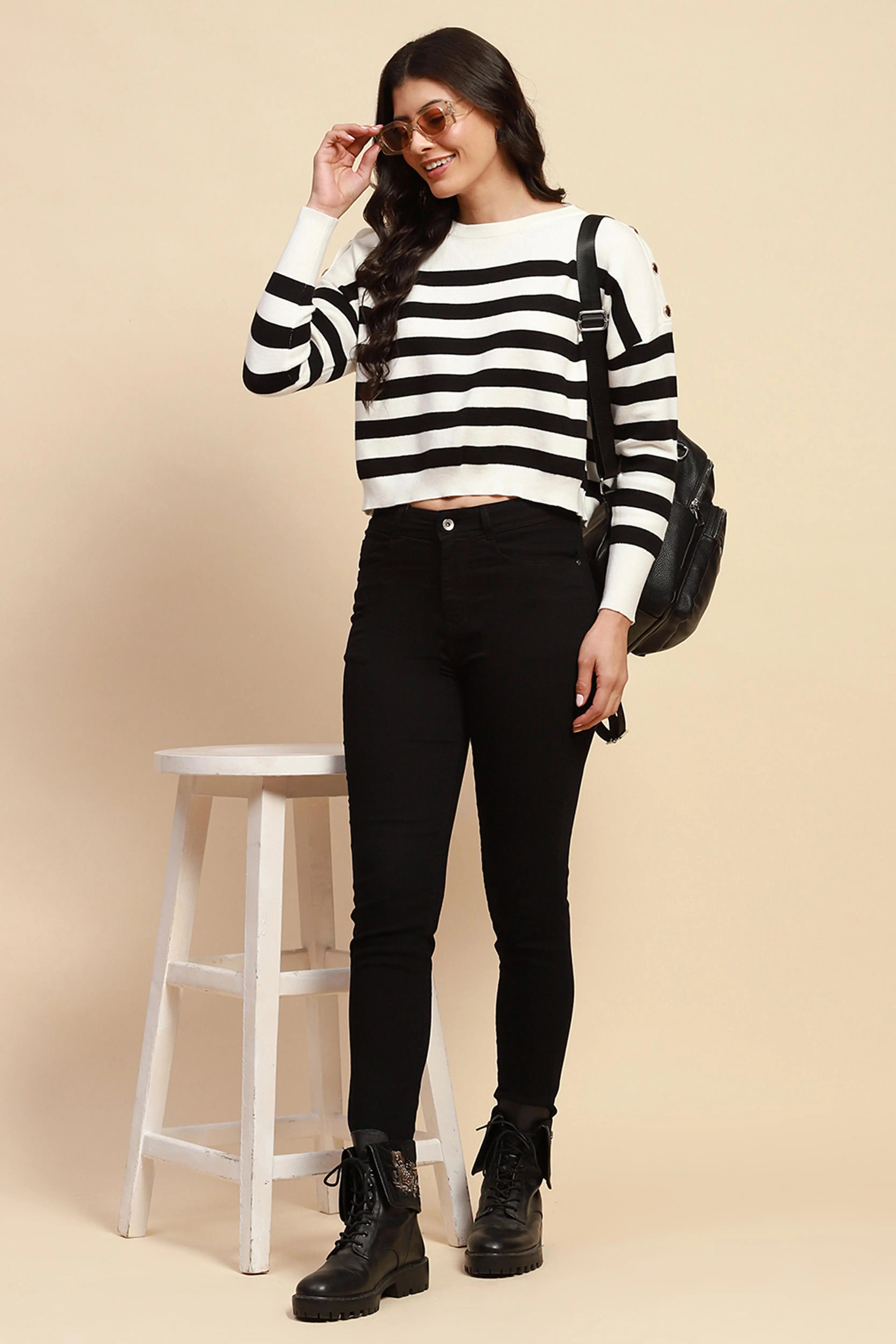 White Viscose Boxy Fit Crop Pullover - Global Republic