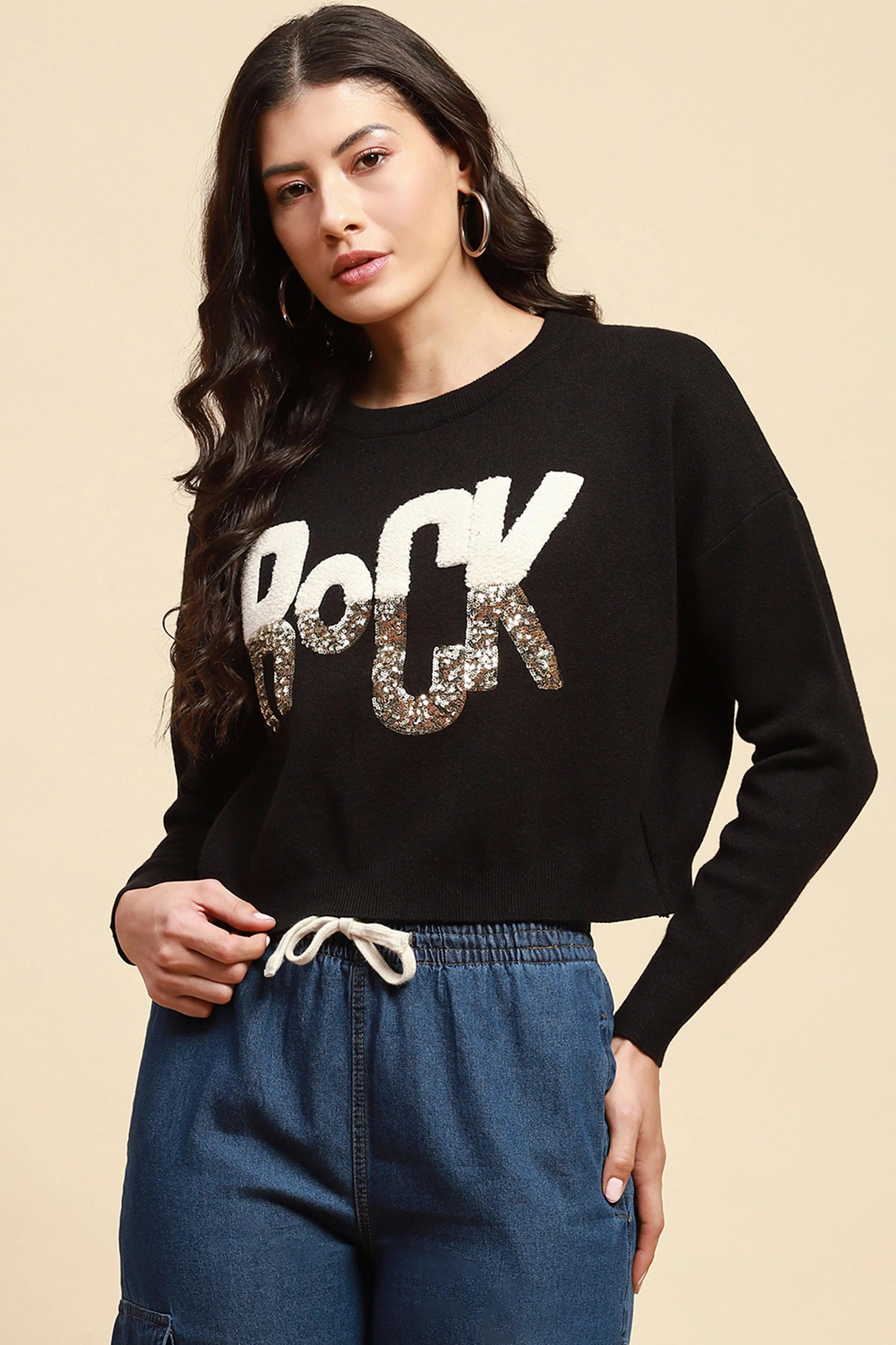 Black Viscose Boxy Fit Crop Pullover - Global Republic