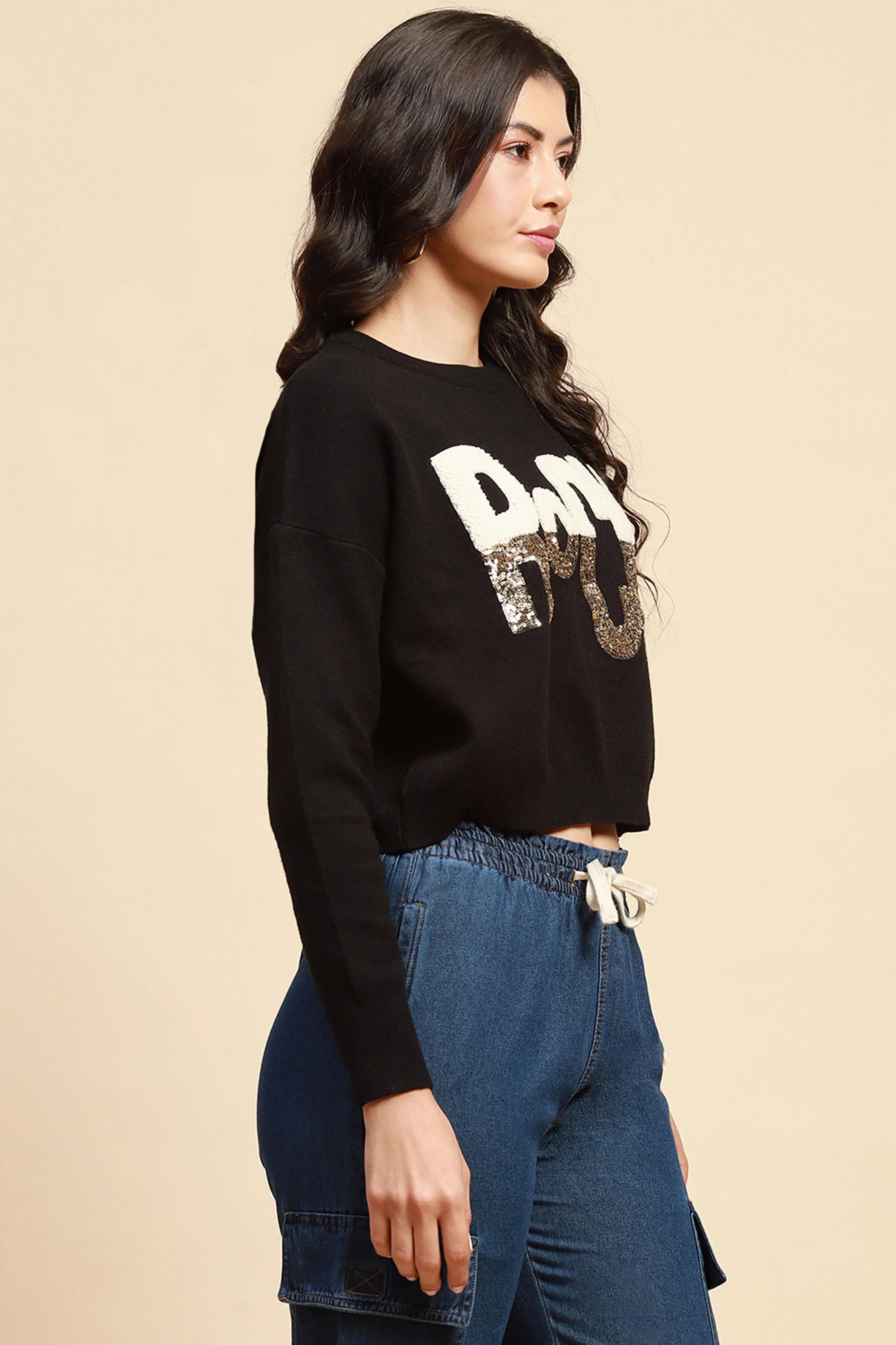 Black Viscose Boxy Fit Crop Pullover - Global Republic