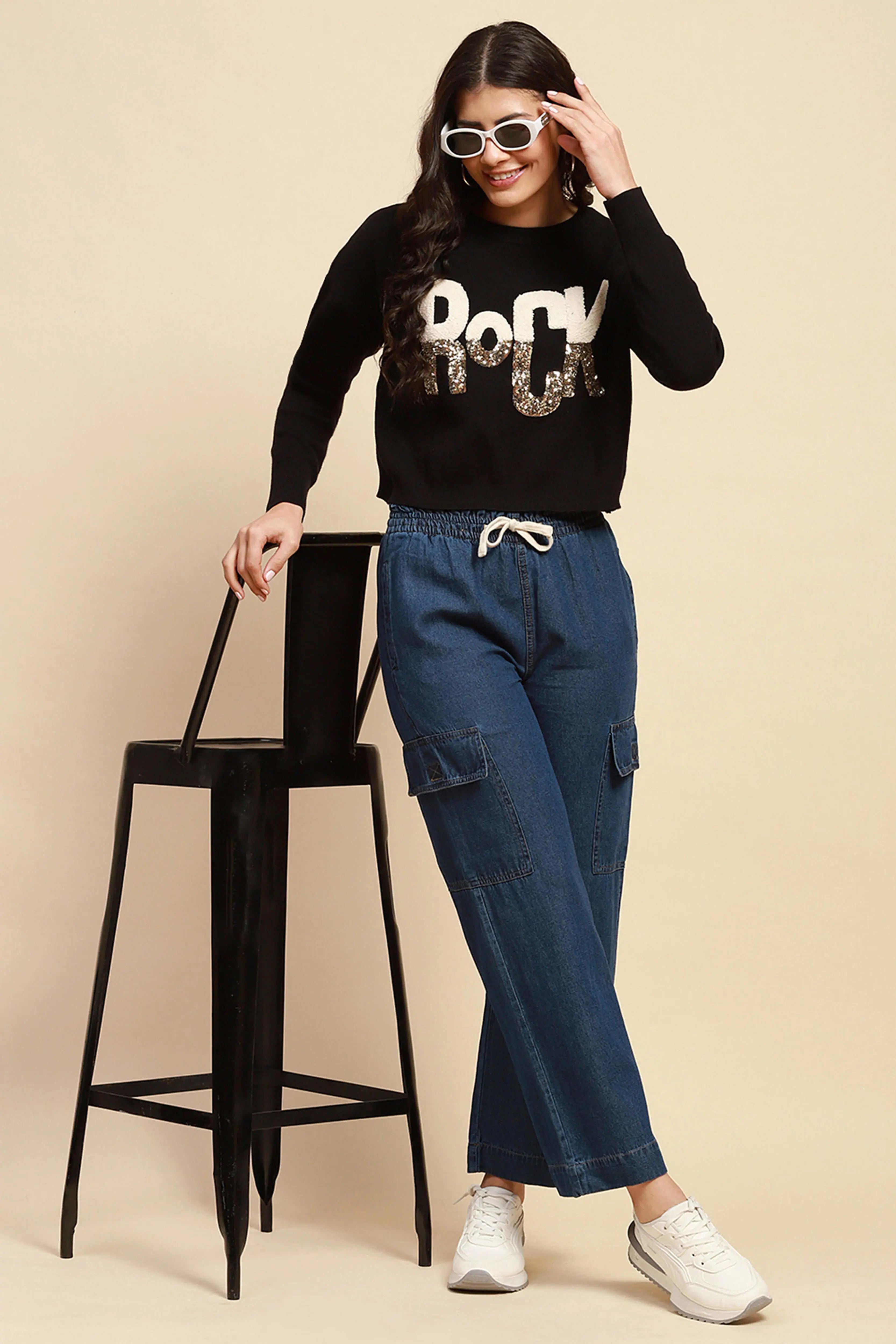 Black Viscose Boxy Fit Crop Pullover - Global Republic