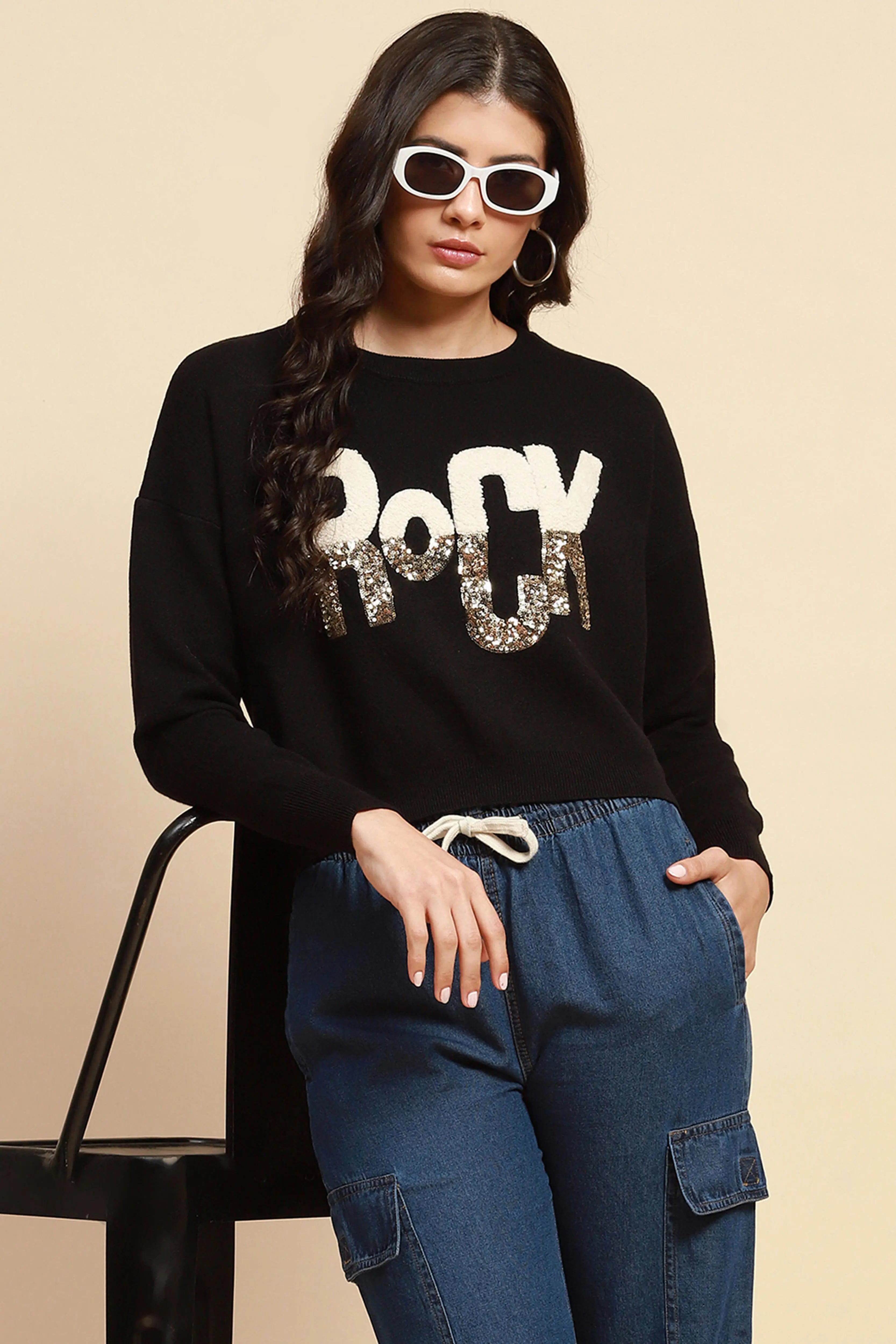 Black Viscose Boxy Fit Crop Pullover - Global Republic