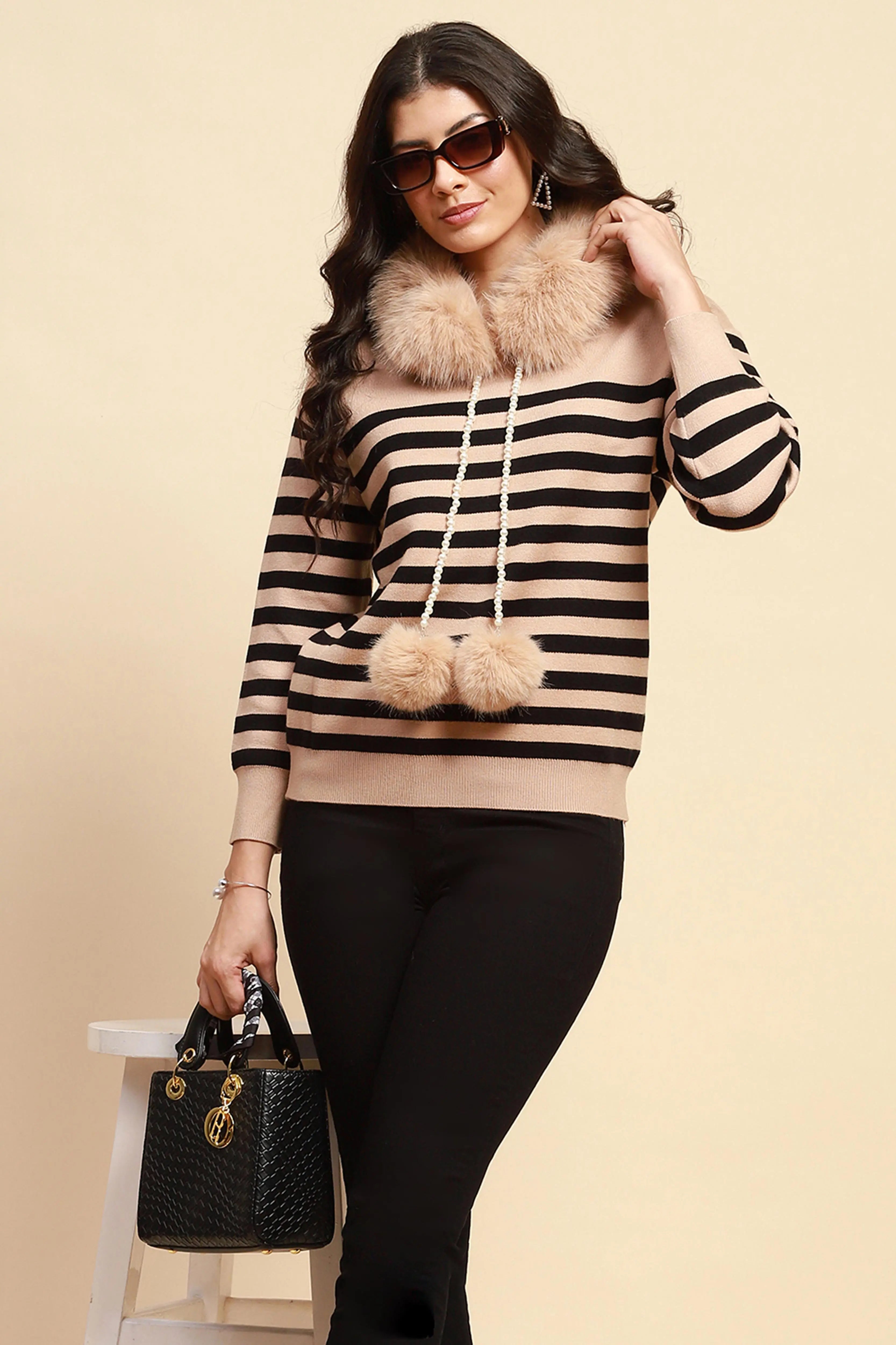 Beige Viscose Relaxed Fit Pullover - Global Republic