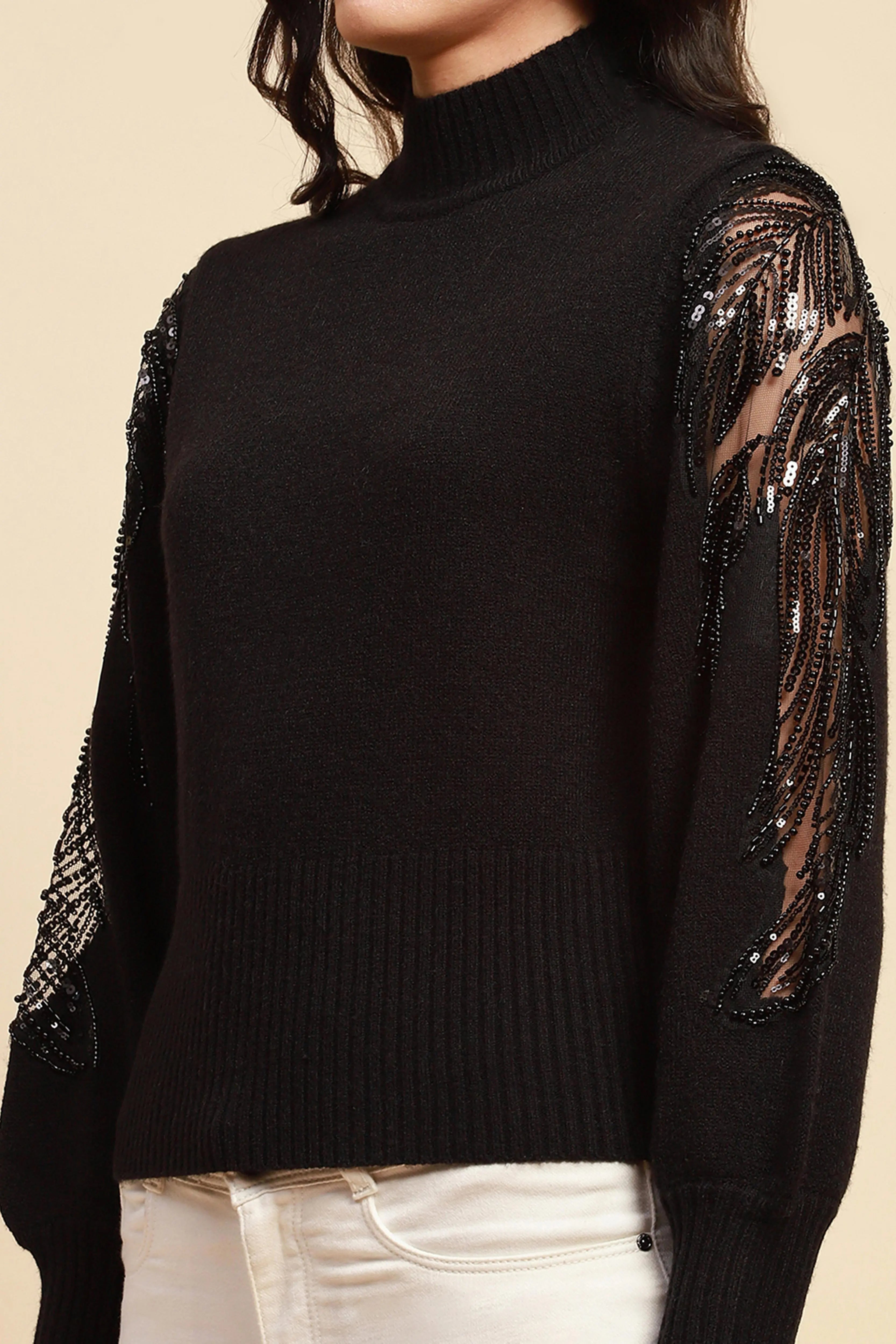 Black Viscose Blend Slim Fit Pullover - Global Republic