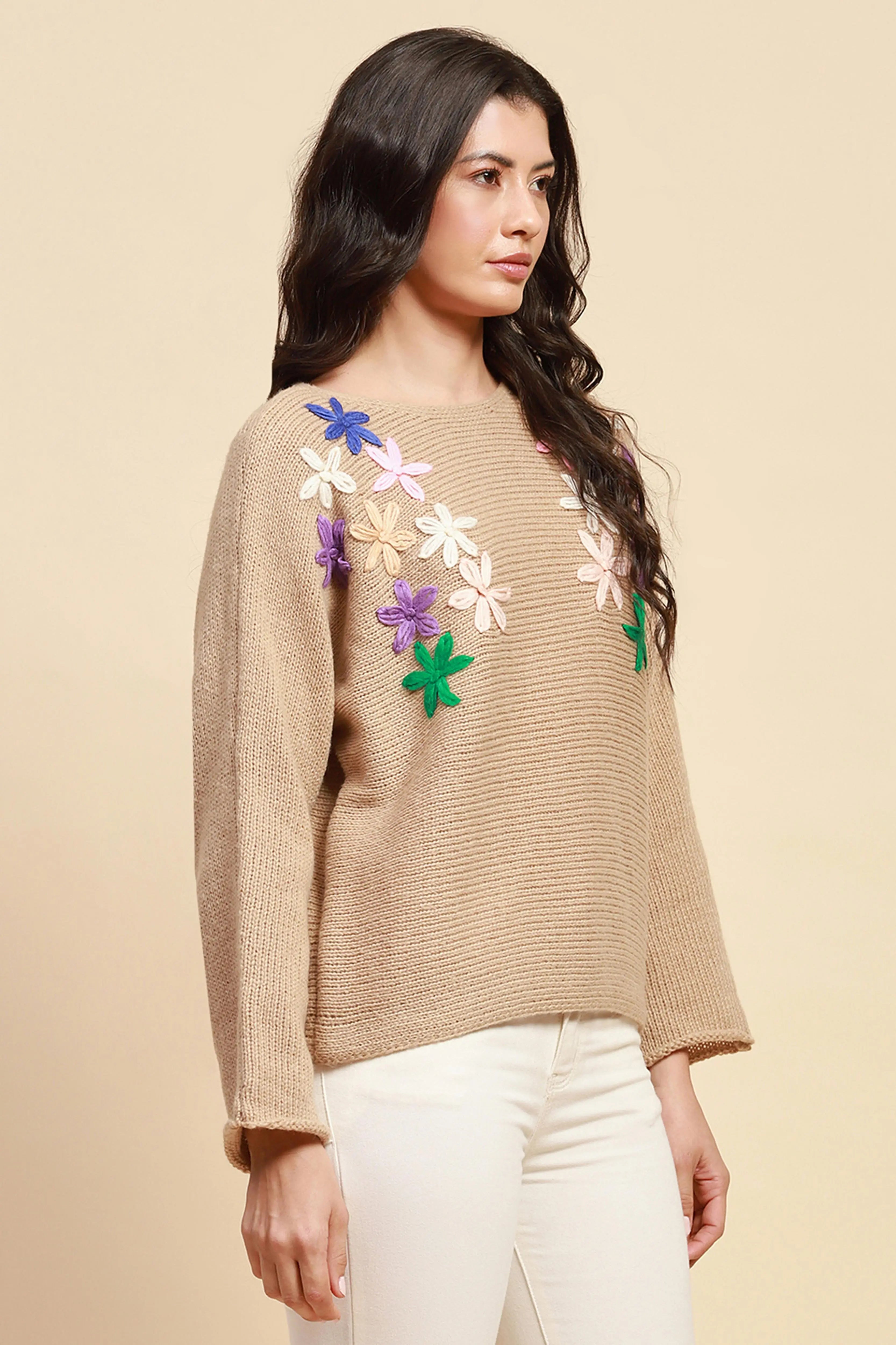 Khaki Loose Embroidered Pullover - Global Republic
