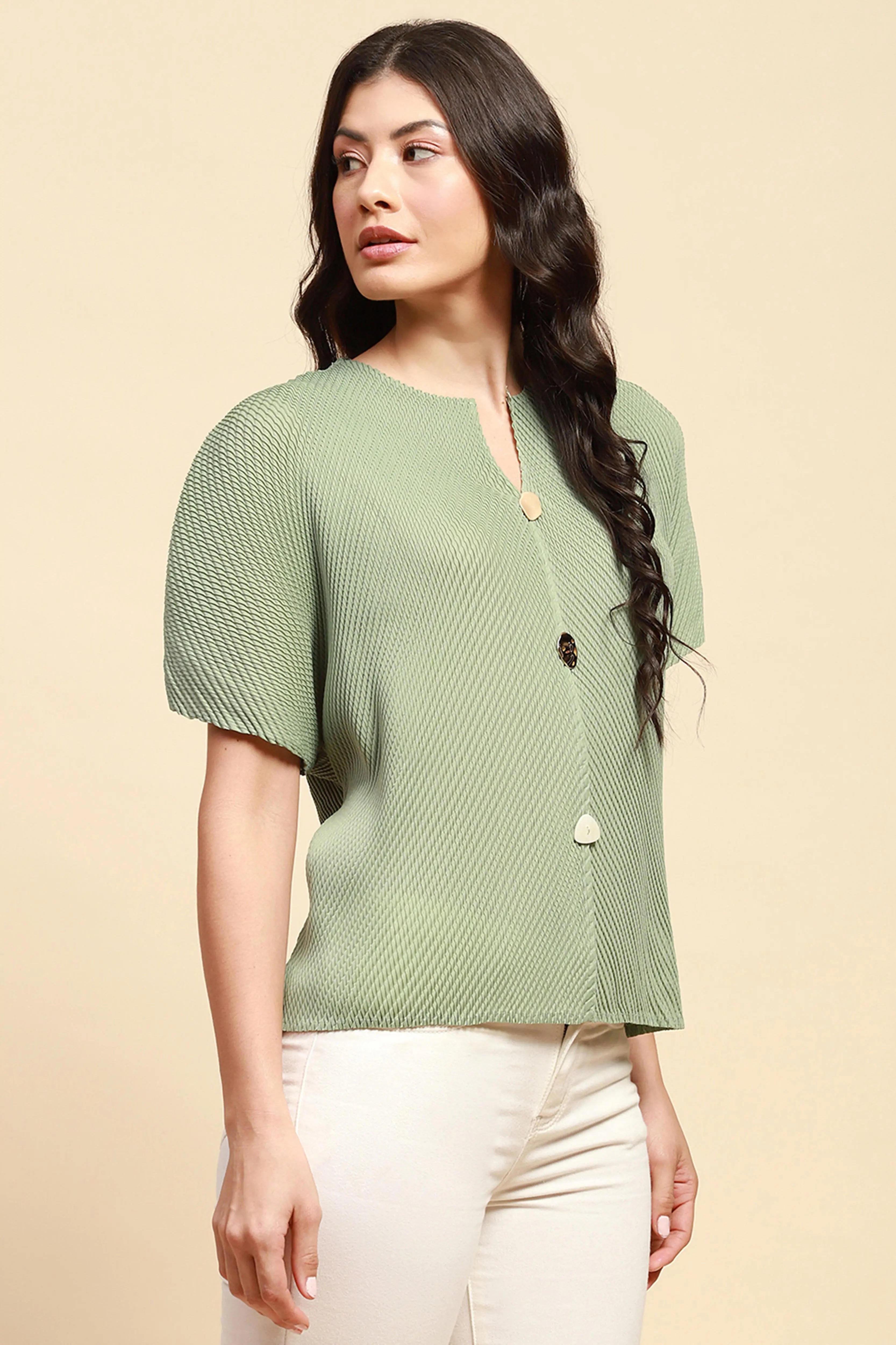 Mint Green Loose Fit Blouson Top For Women - Global Republic