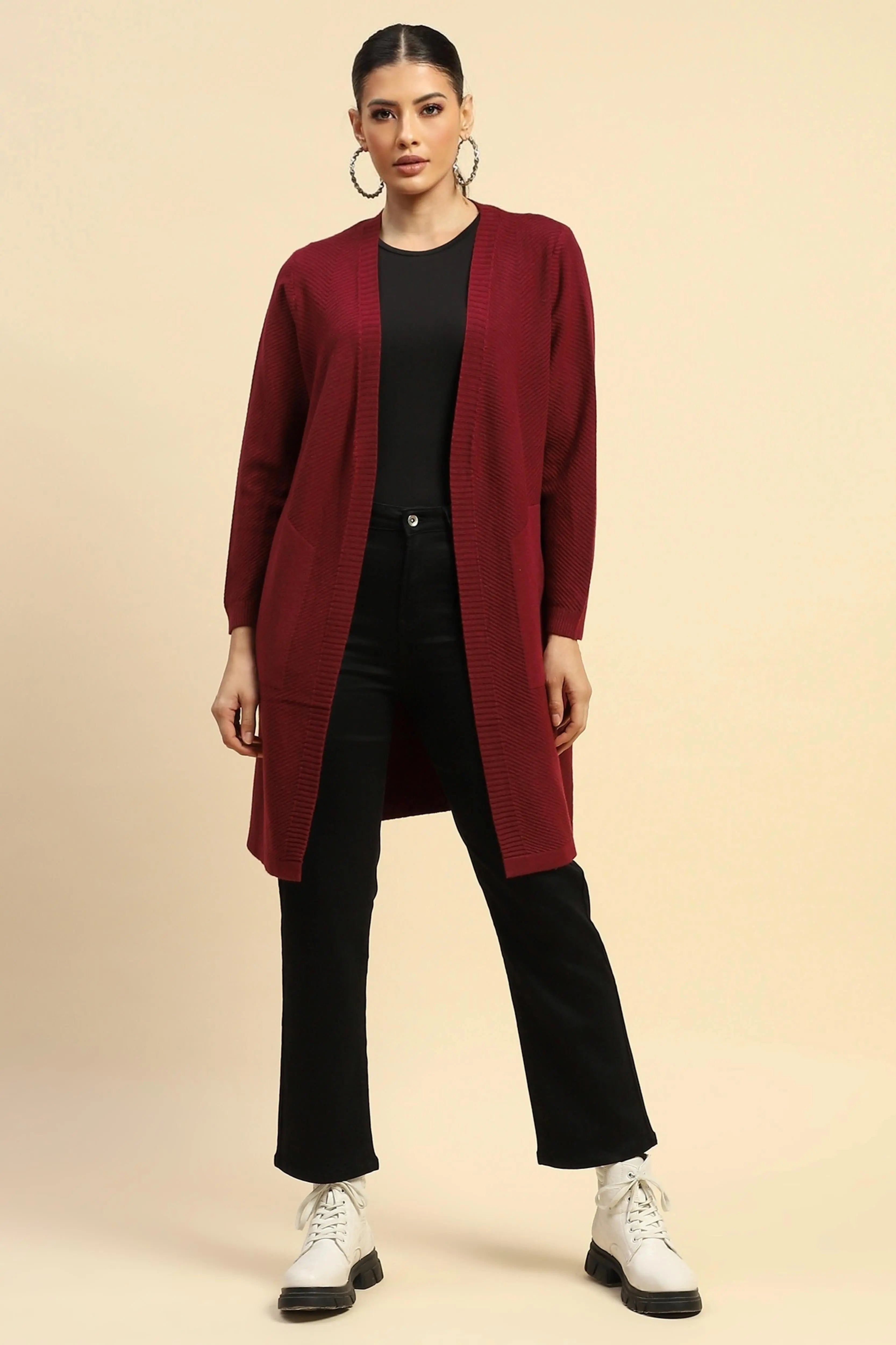 Wine Viscose Loose Fit Winter Shrug - Global Republic