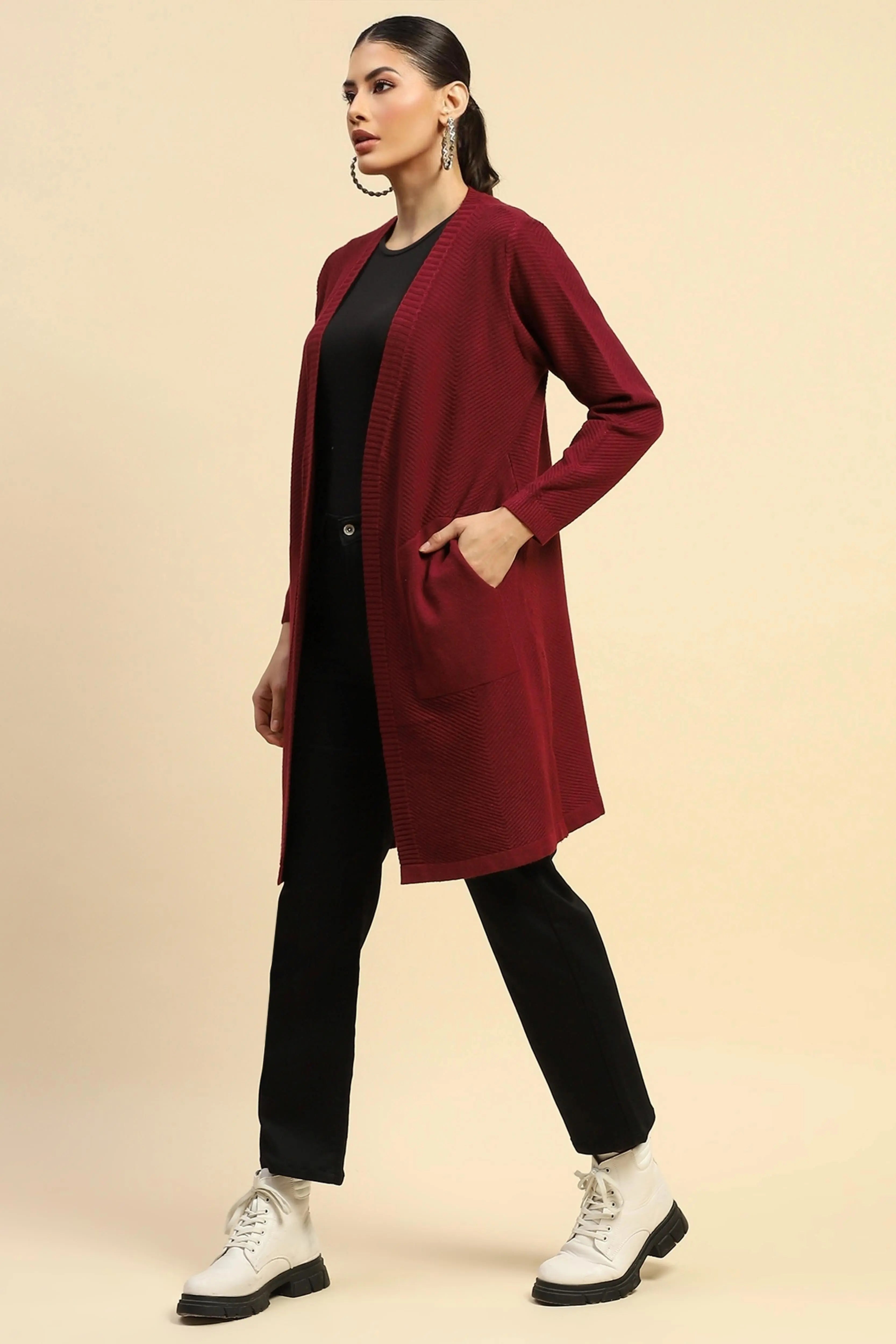 Wine Viscose Loose Fit Winter Shrug - Global Republic