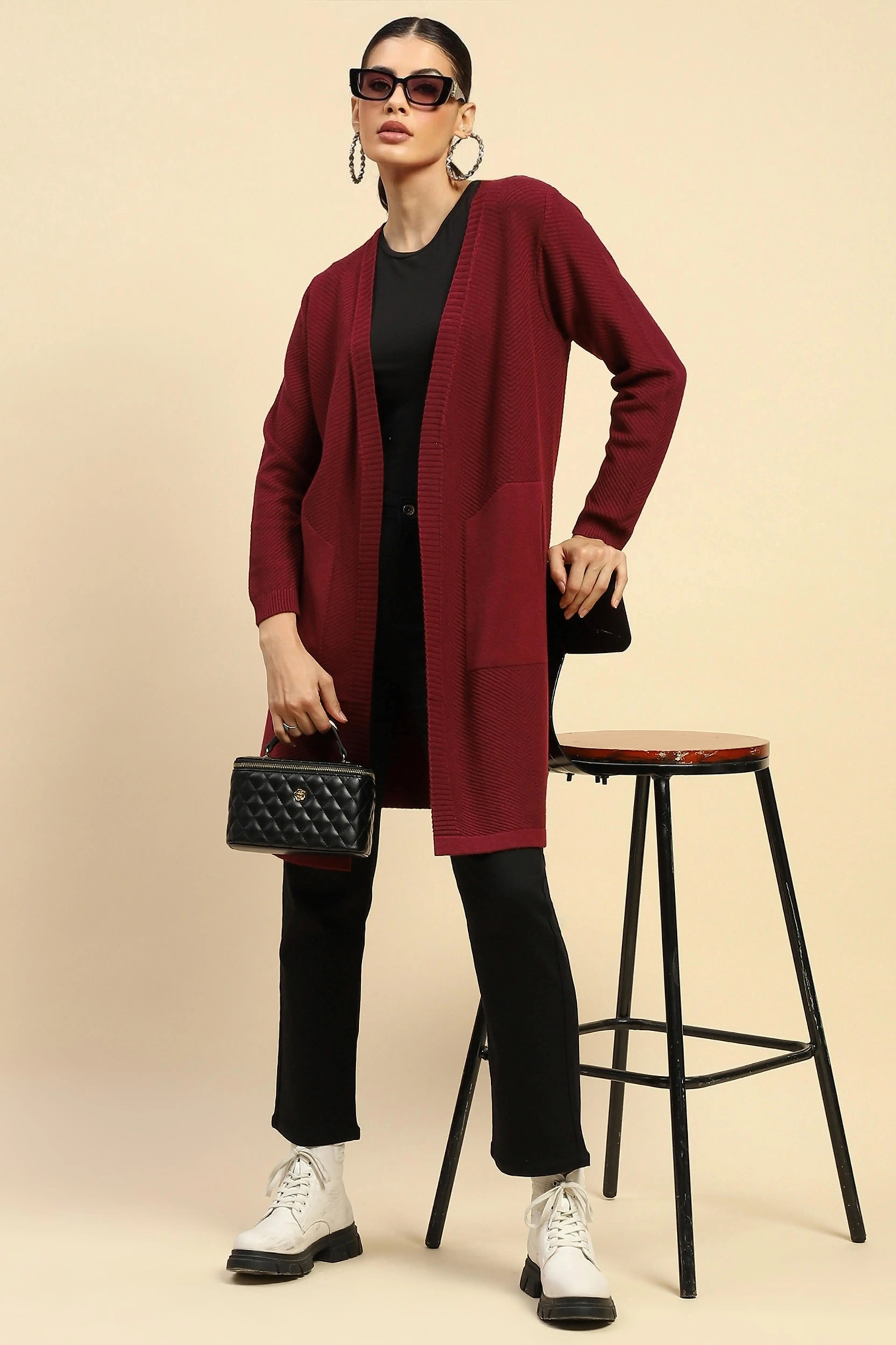 Wine Viscose Loose Fit Winter Shrug - Global Republic