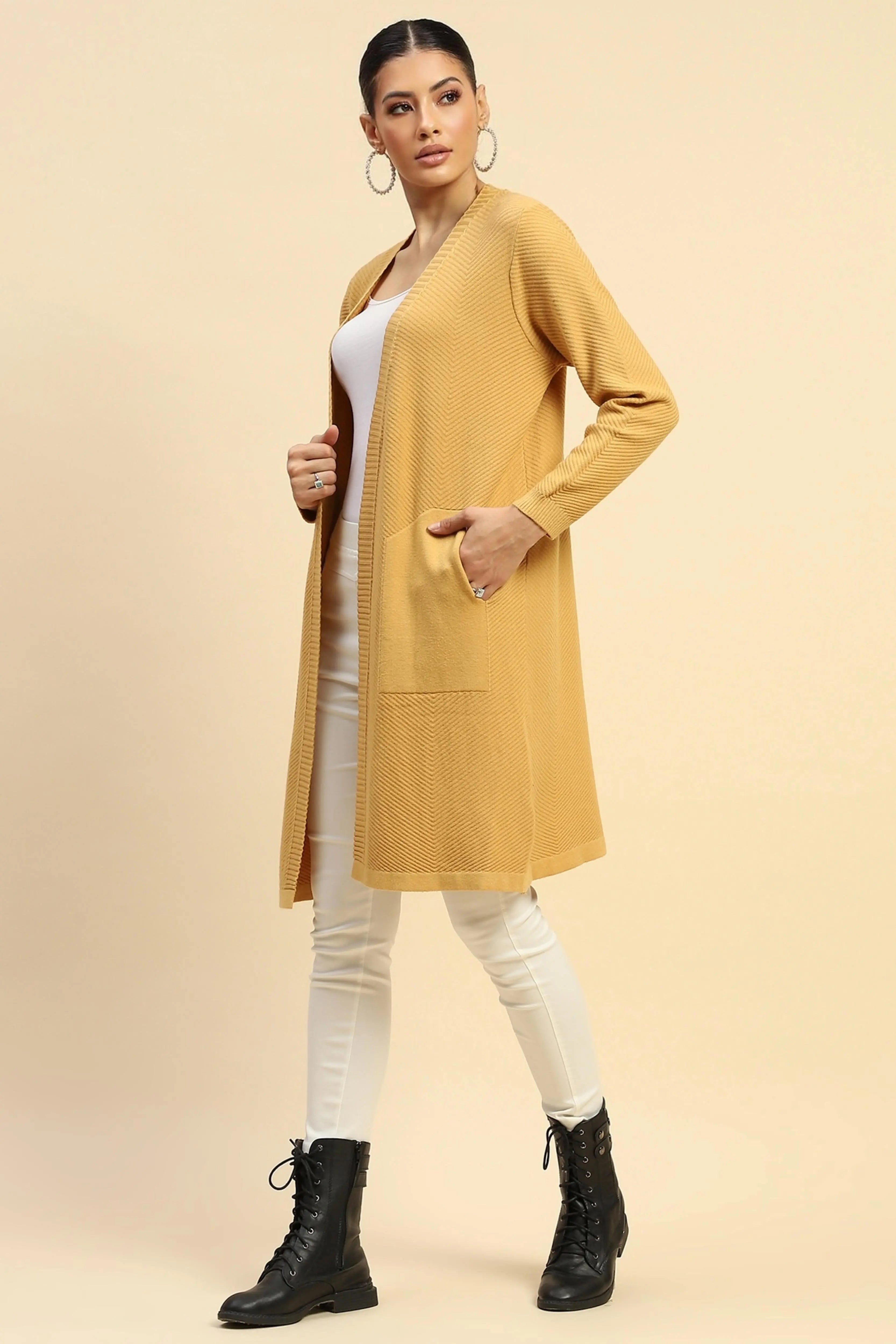 Mustard Viscose Loose Winter Shrug - Global Republic