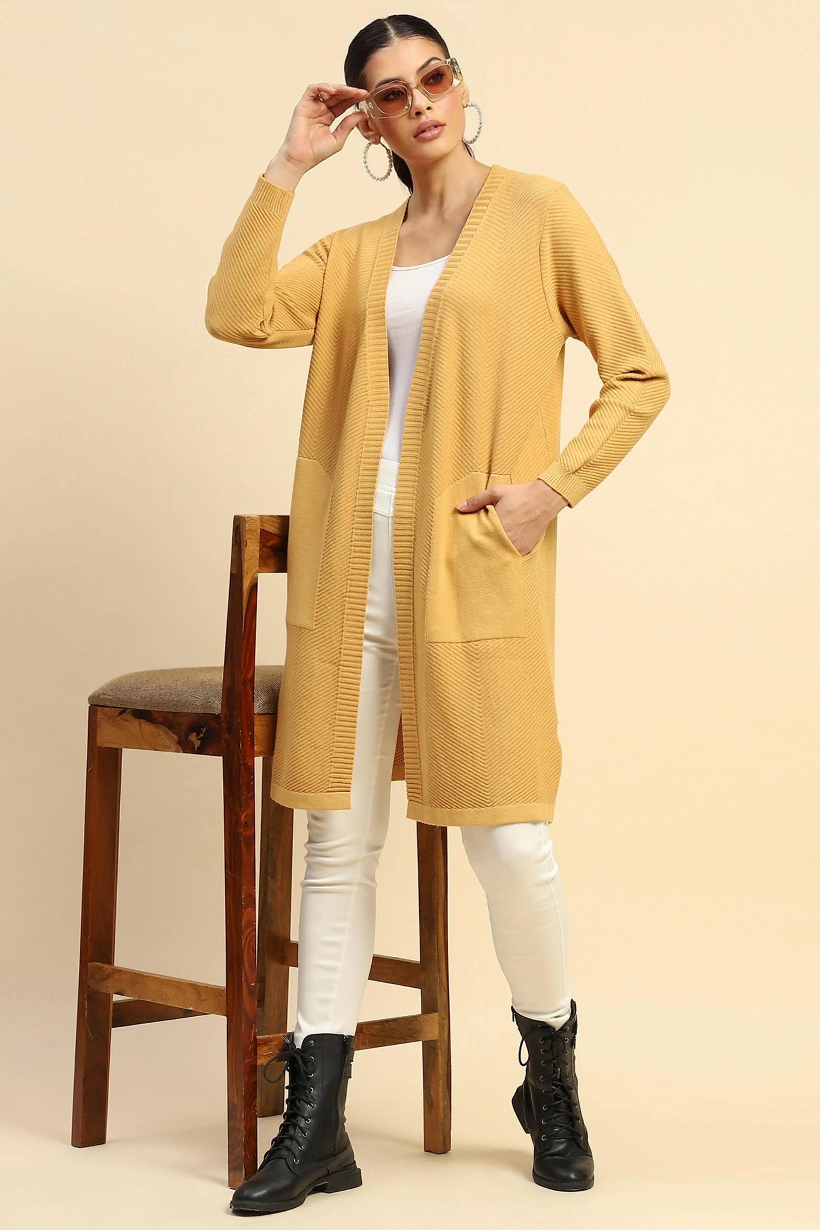 Mustard Viscose Loose Winter Shrug - Global Republic