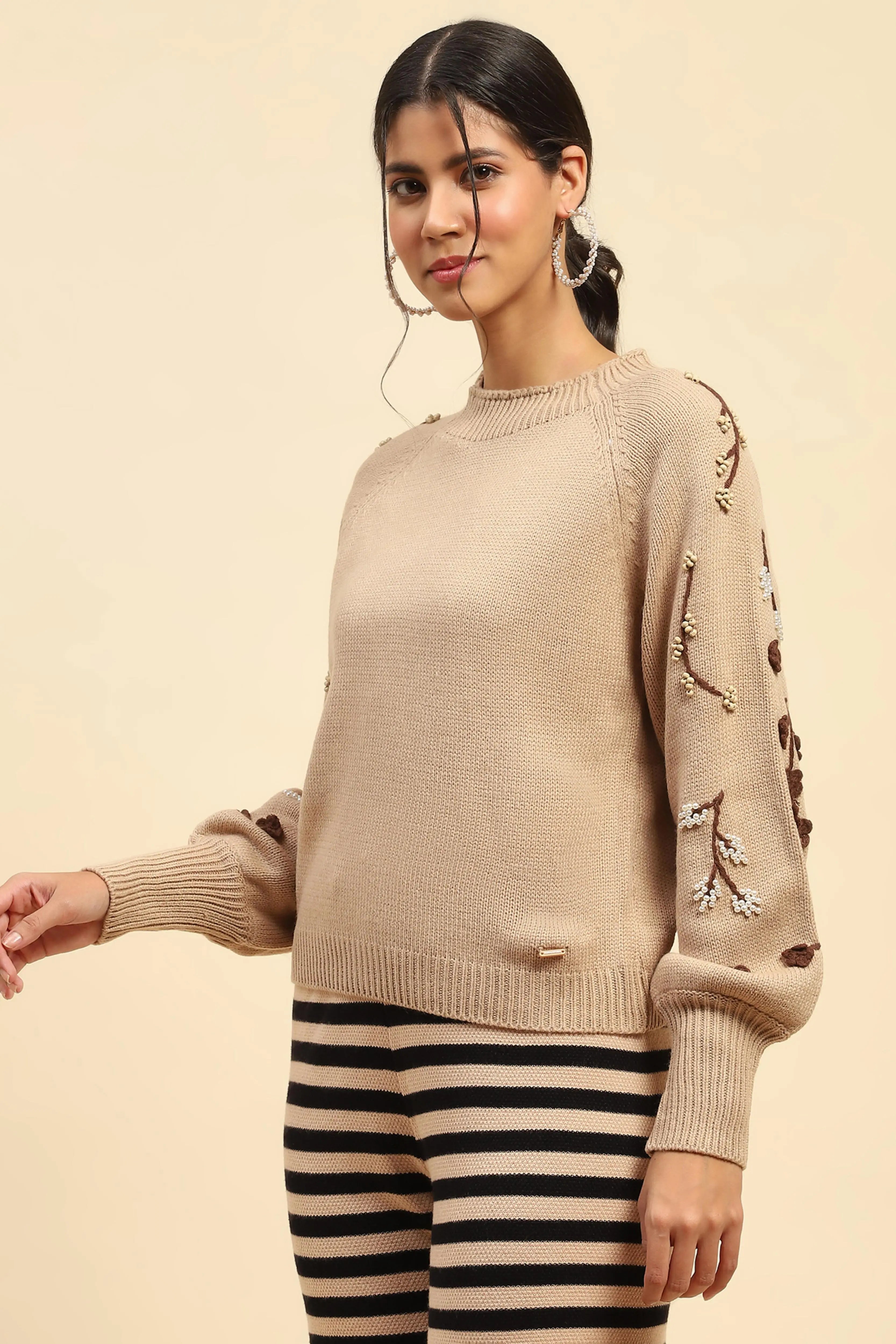 Khaki Embroidered Viscose Loose Pullover - Global Republic