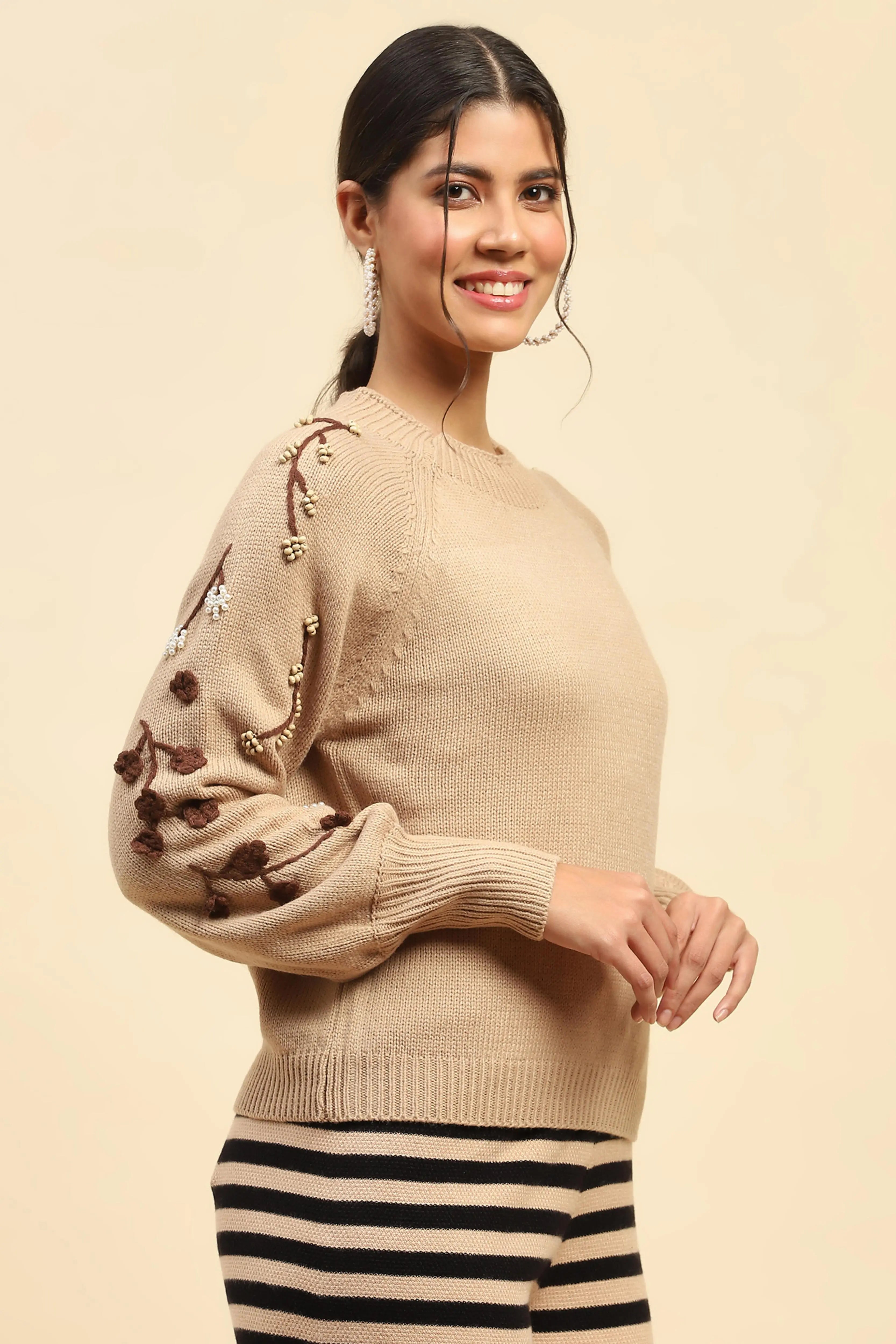 Khaki Embroidered Viscose Loose Pullover - Global Republic