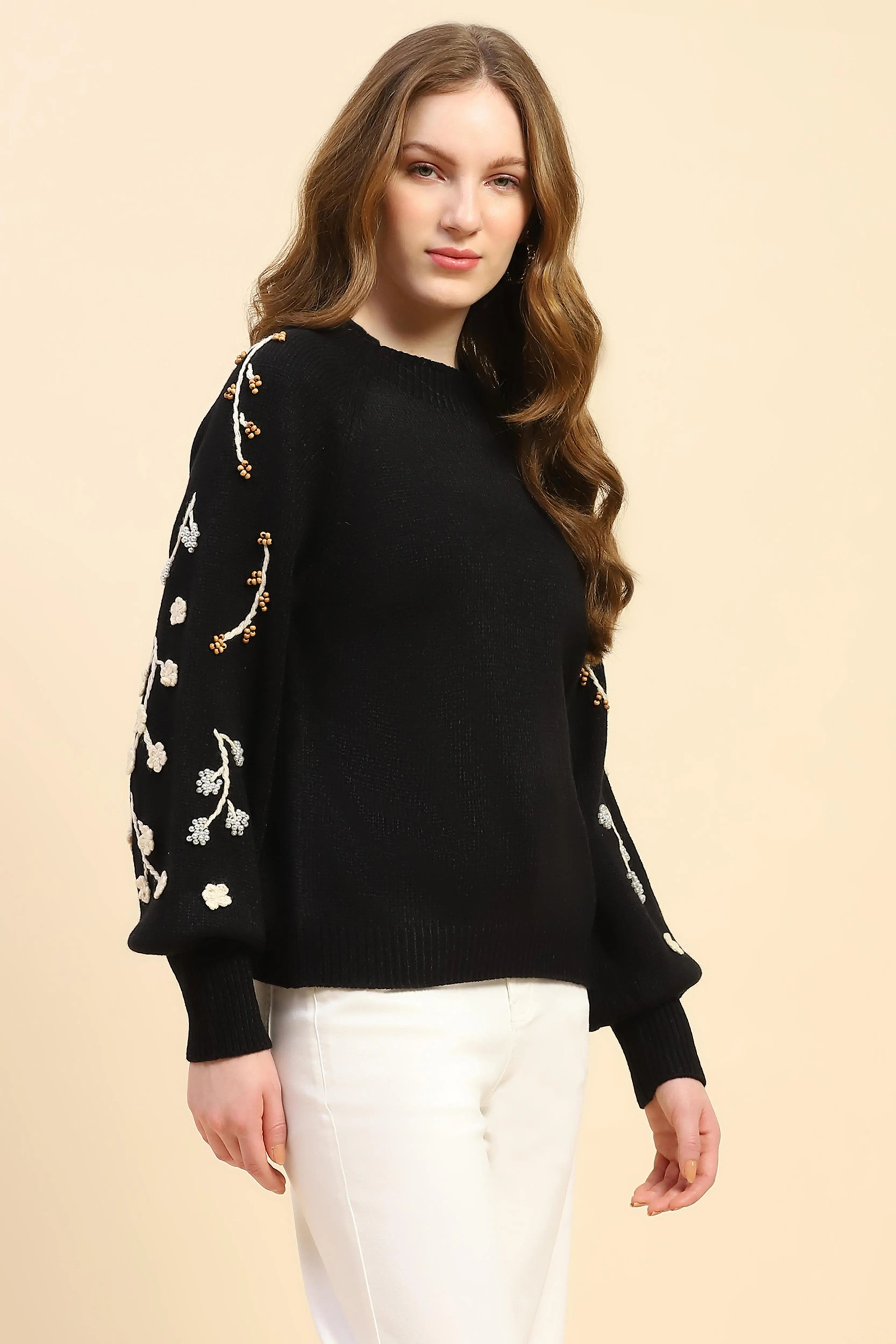 Black Embroidered Viscose Loose Pullover - Global Republic
