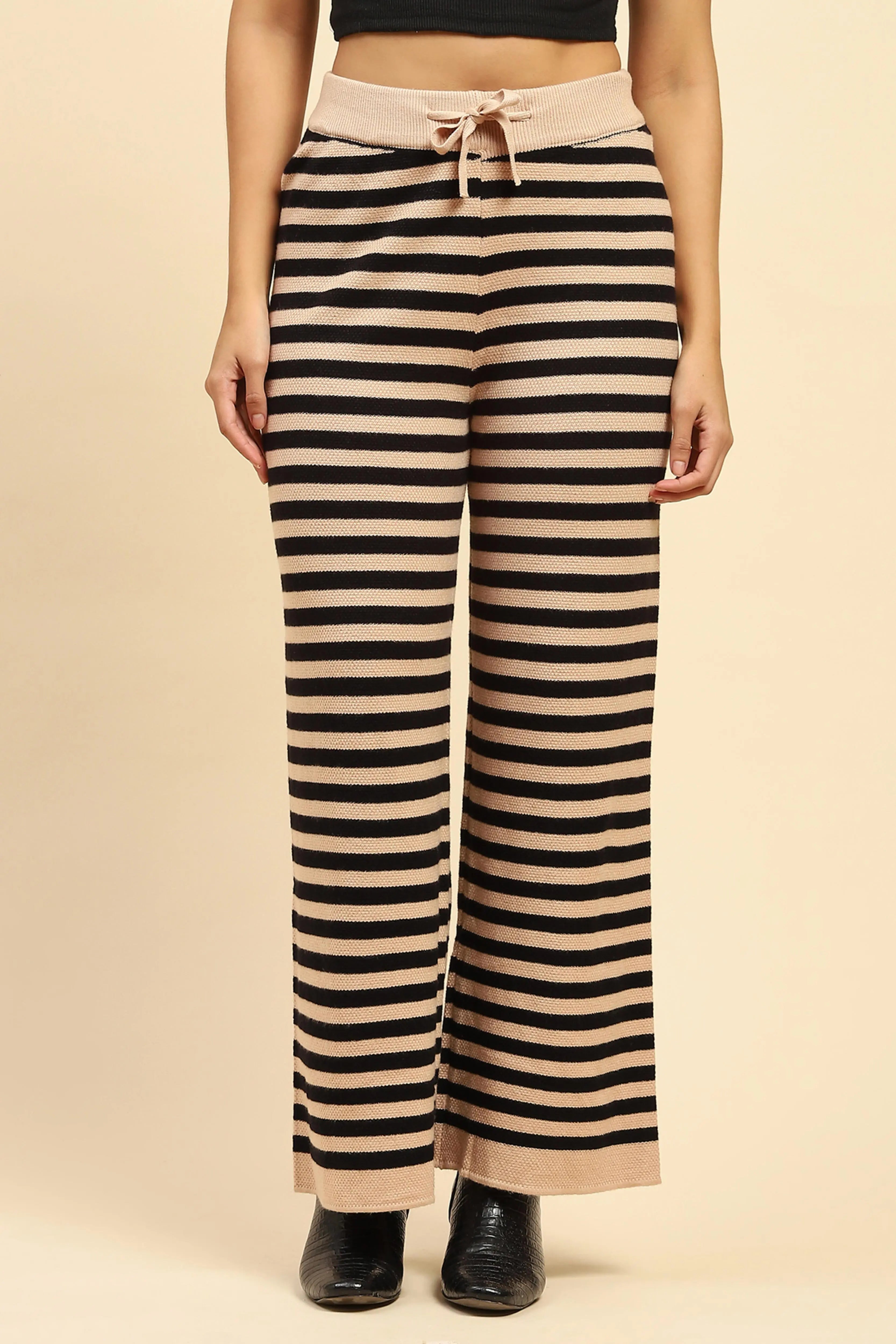 Black And Beige Striped  Viscose Lower - Global Republic