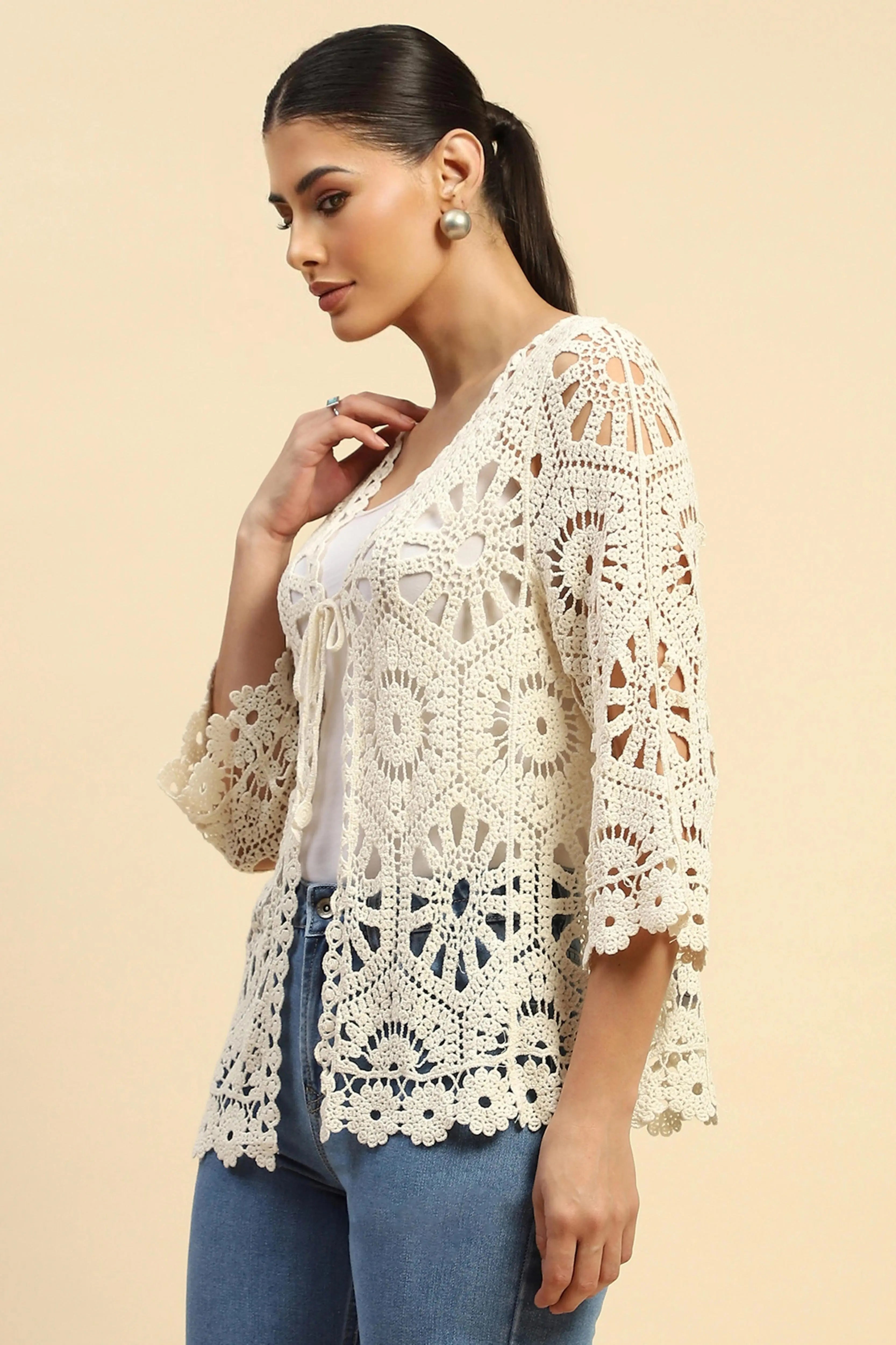 Beige Cotton Loose Fit Shrug For Women - Global Republic