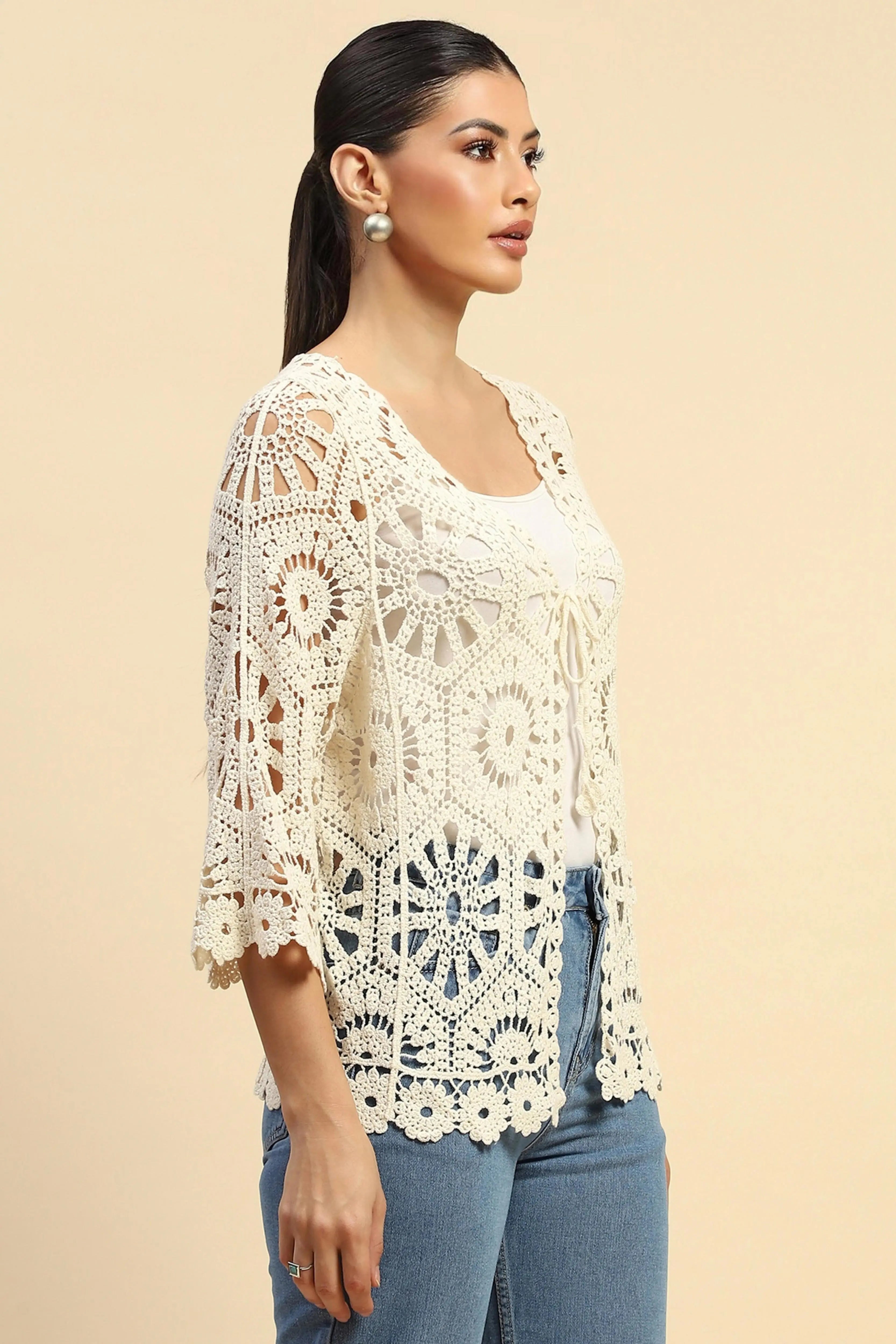 Beige Cotton Loose Fit Shrug For Women - Global Republic