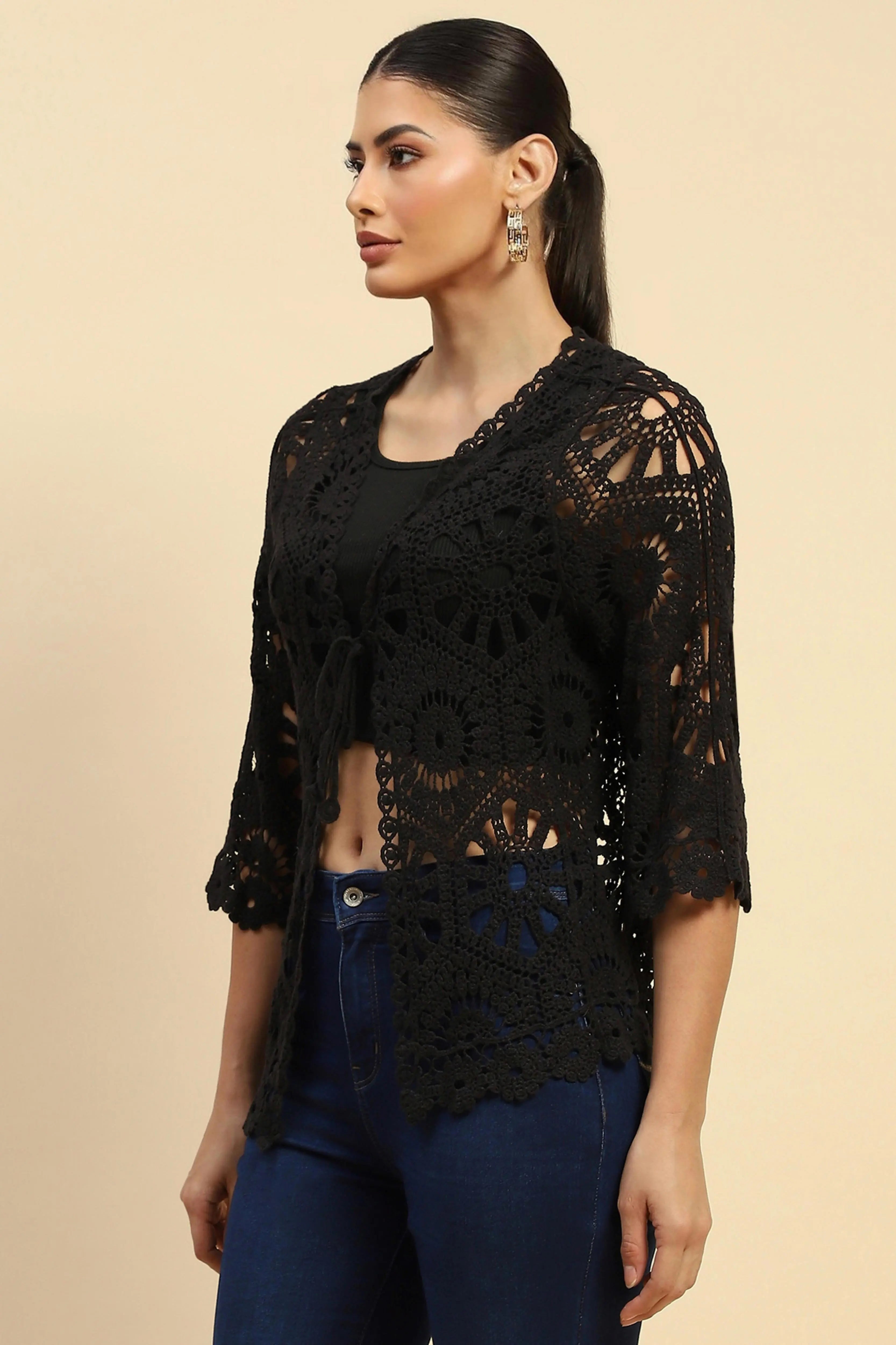 Black Cotton Loose Fit Shrug - Global Republic