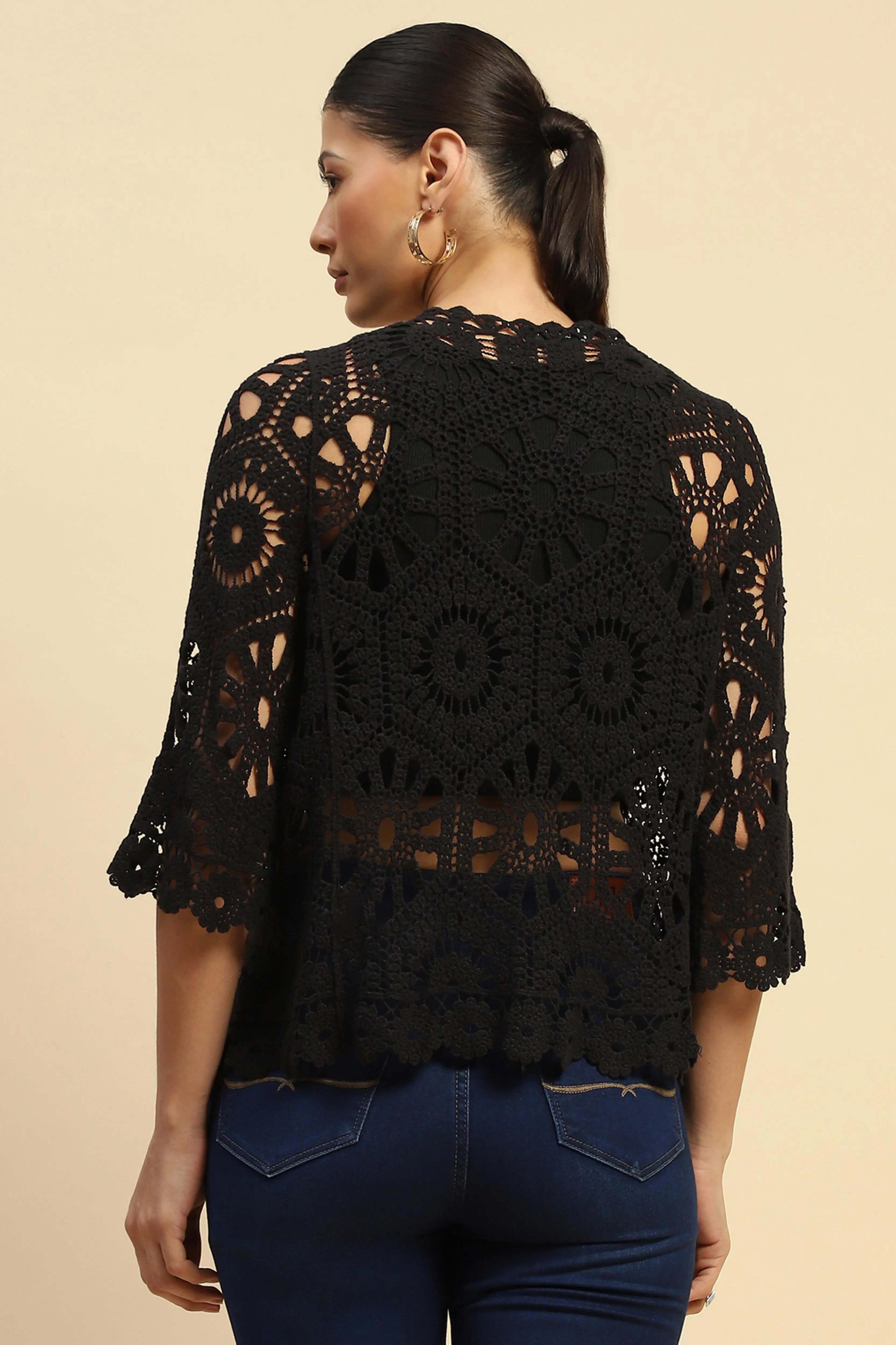 Black Cotton Loose Fit Shrug - Global Republic