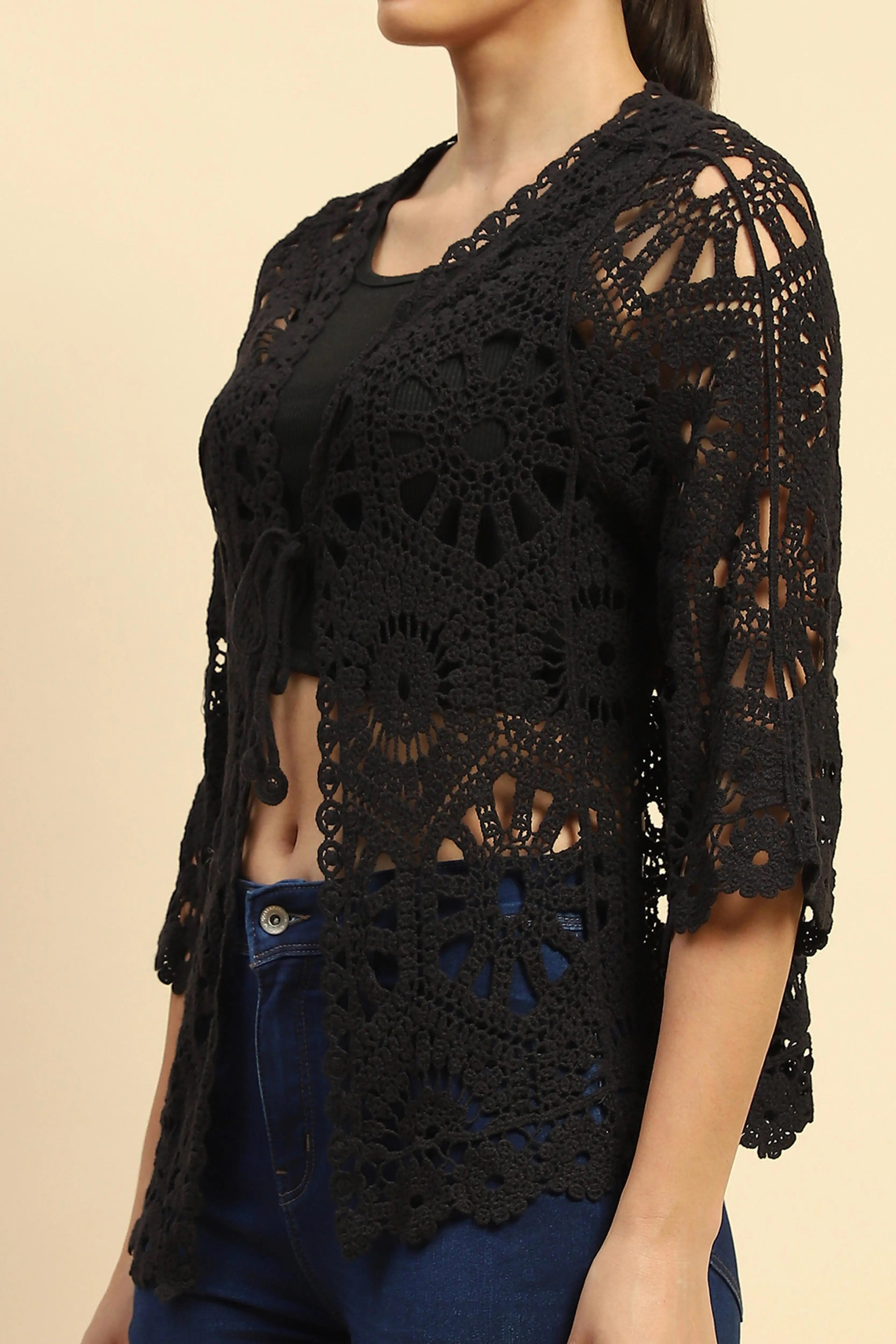 Black Cotton Loose Fit Shrug - Global Republic