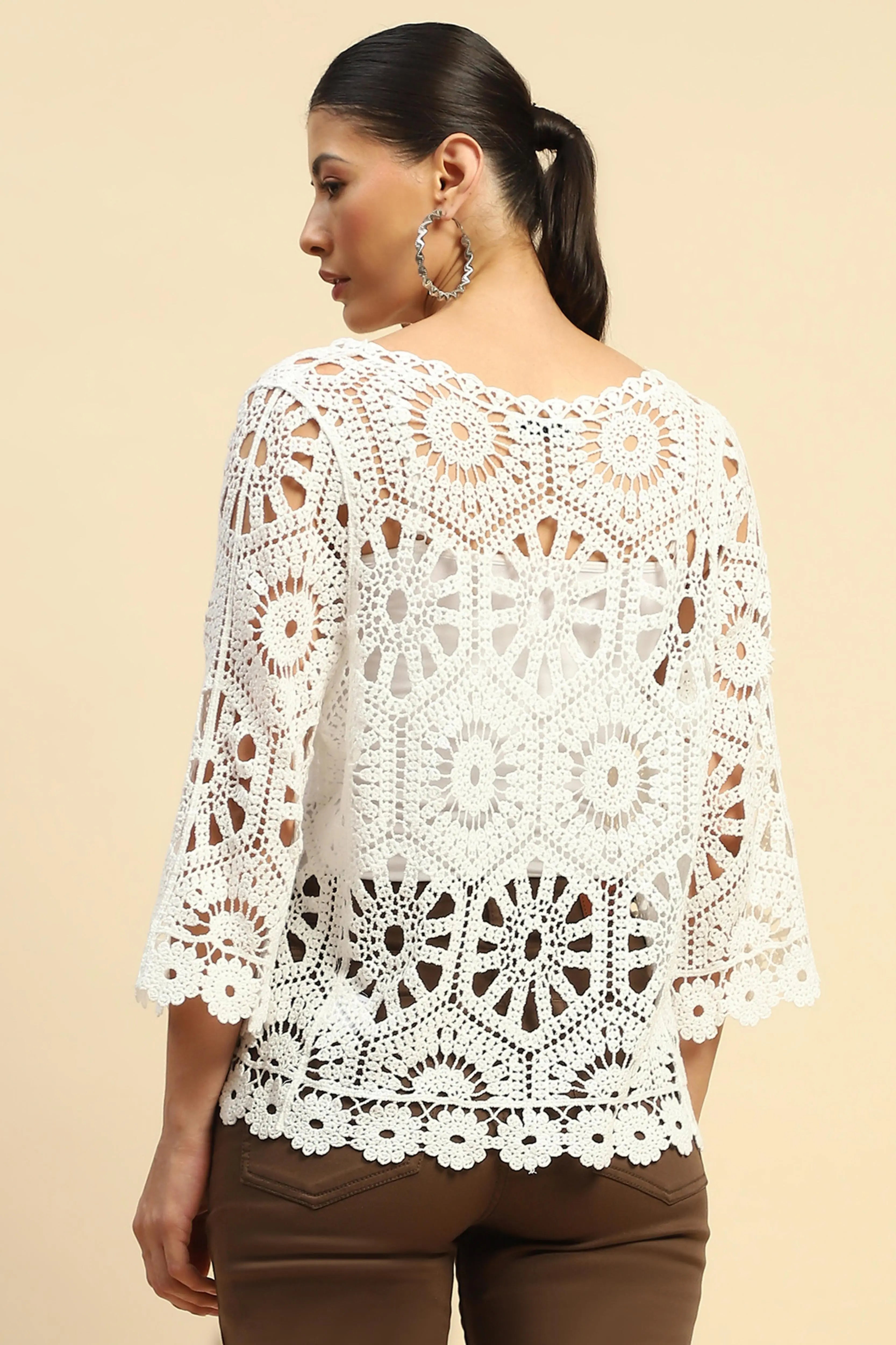 White Cotton Loose Fit Shrug For Women - Global Republic