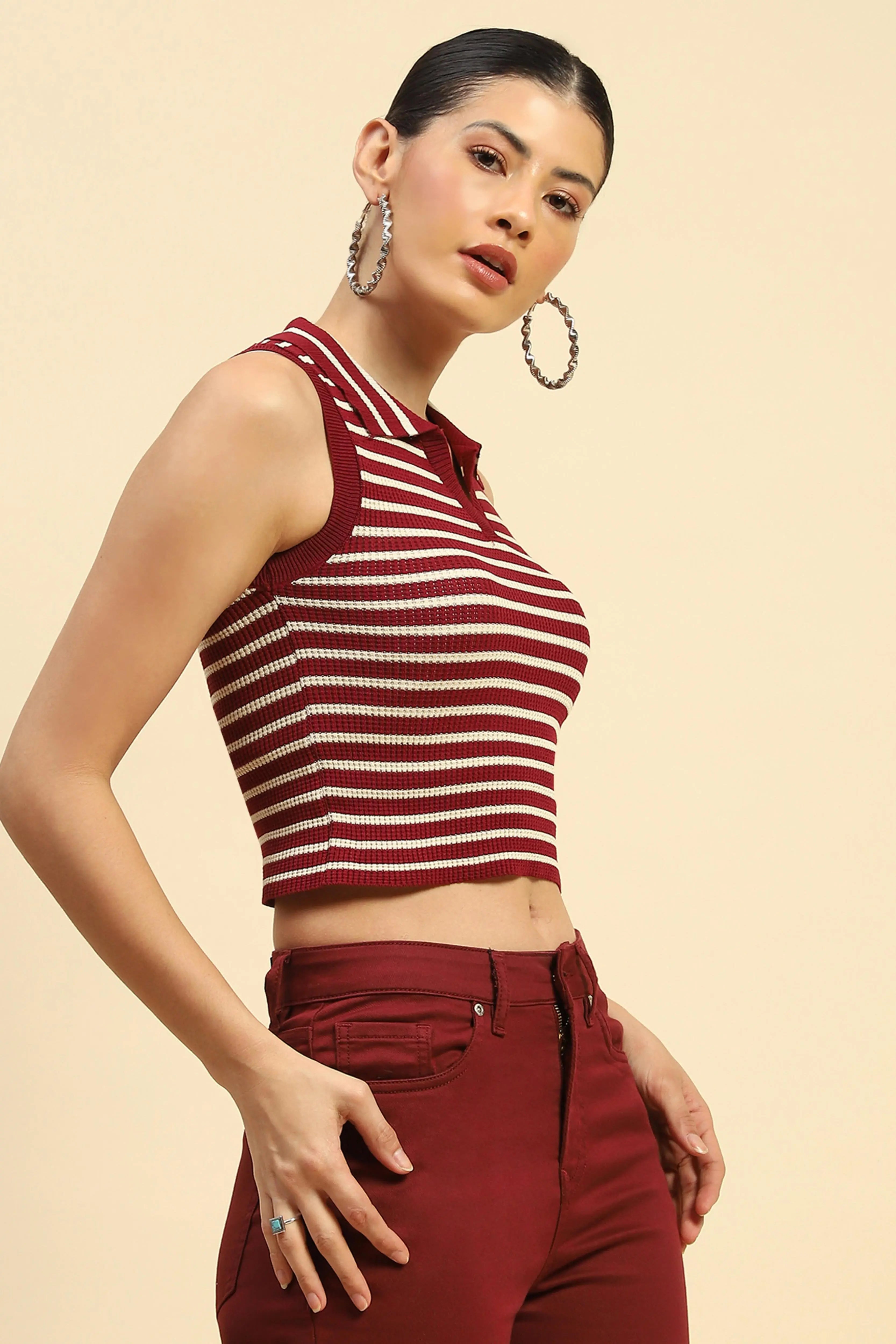 Wine Viscose Slim Fit Crop Top For Women - Global Republic