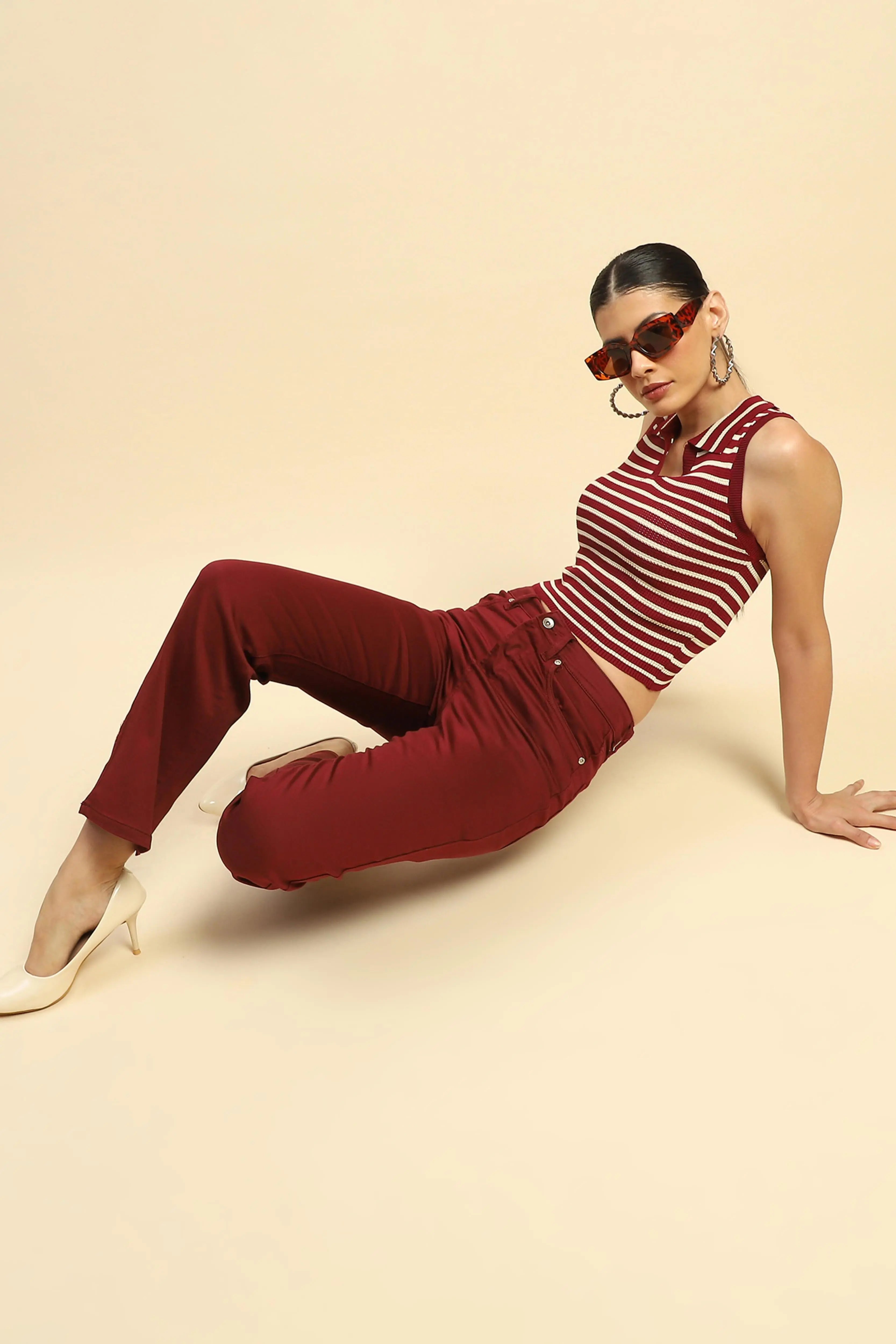 Wine Viscose Slim Fit Crop Top For Women - Global Republic