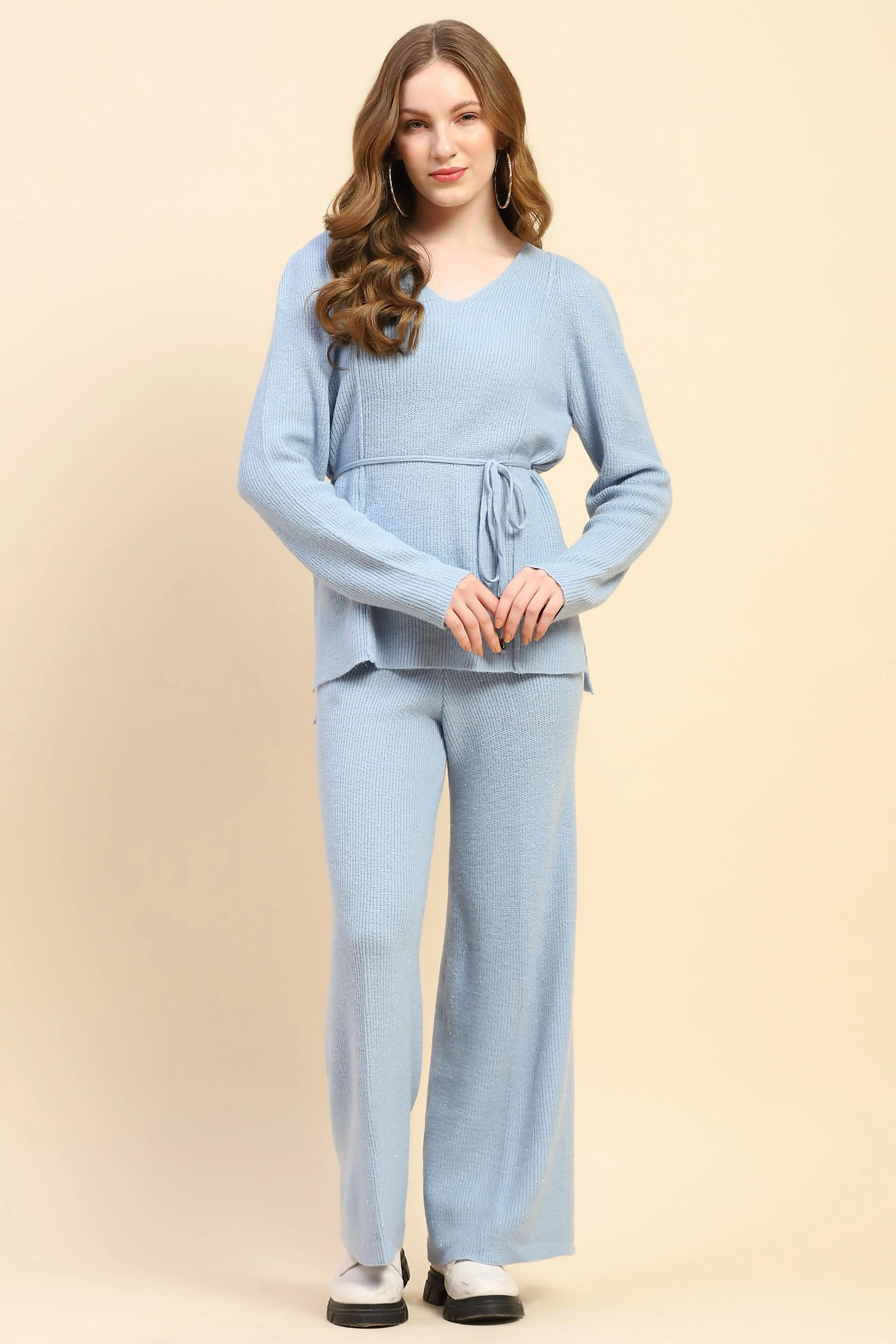Blue Solid Acrylic Blend Winter Co-ord Set - Global Republic