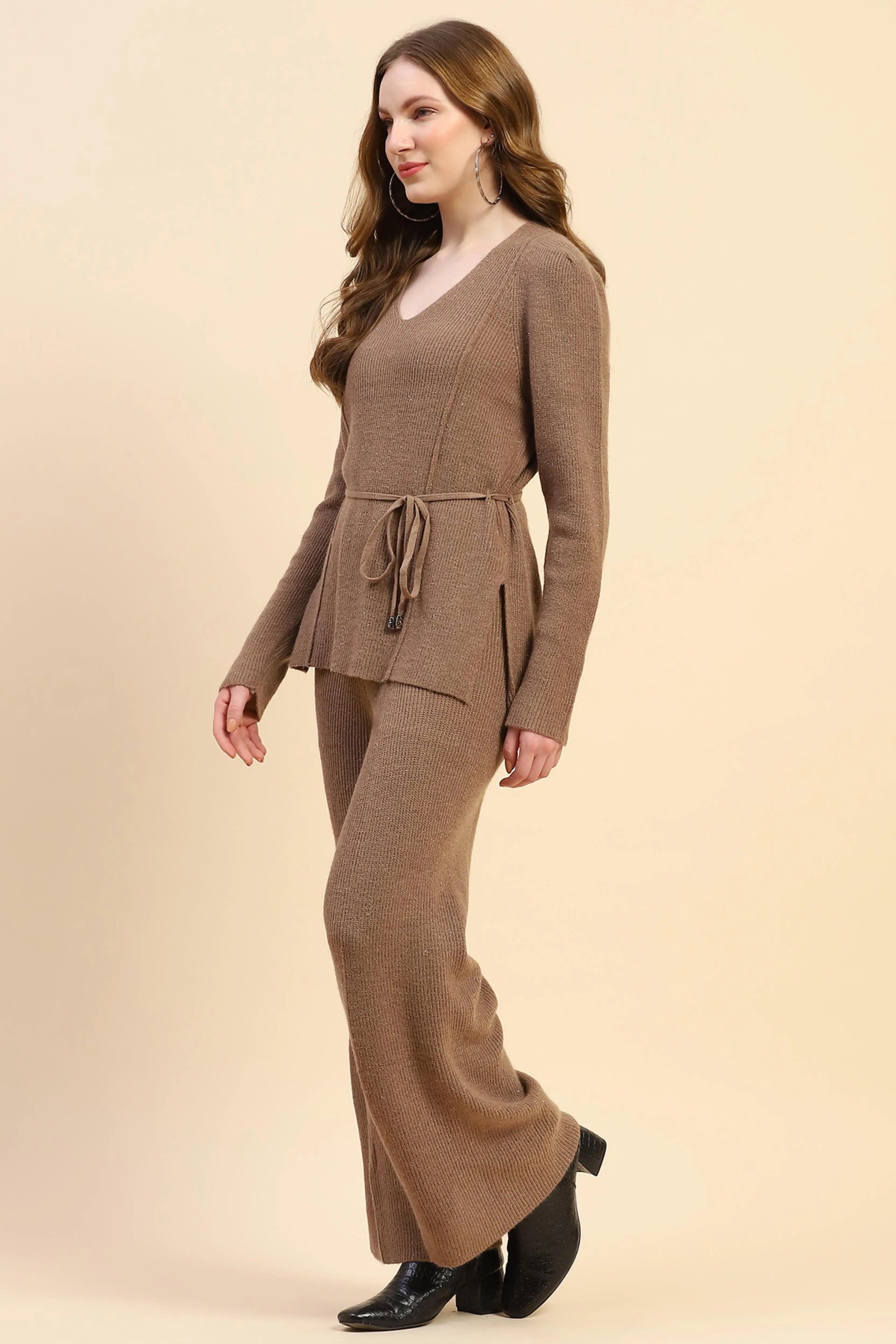 Brown Solid Acrylic Blend Winter Co-ord Set - Global Republic