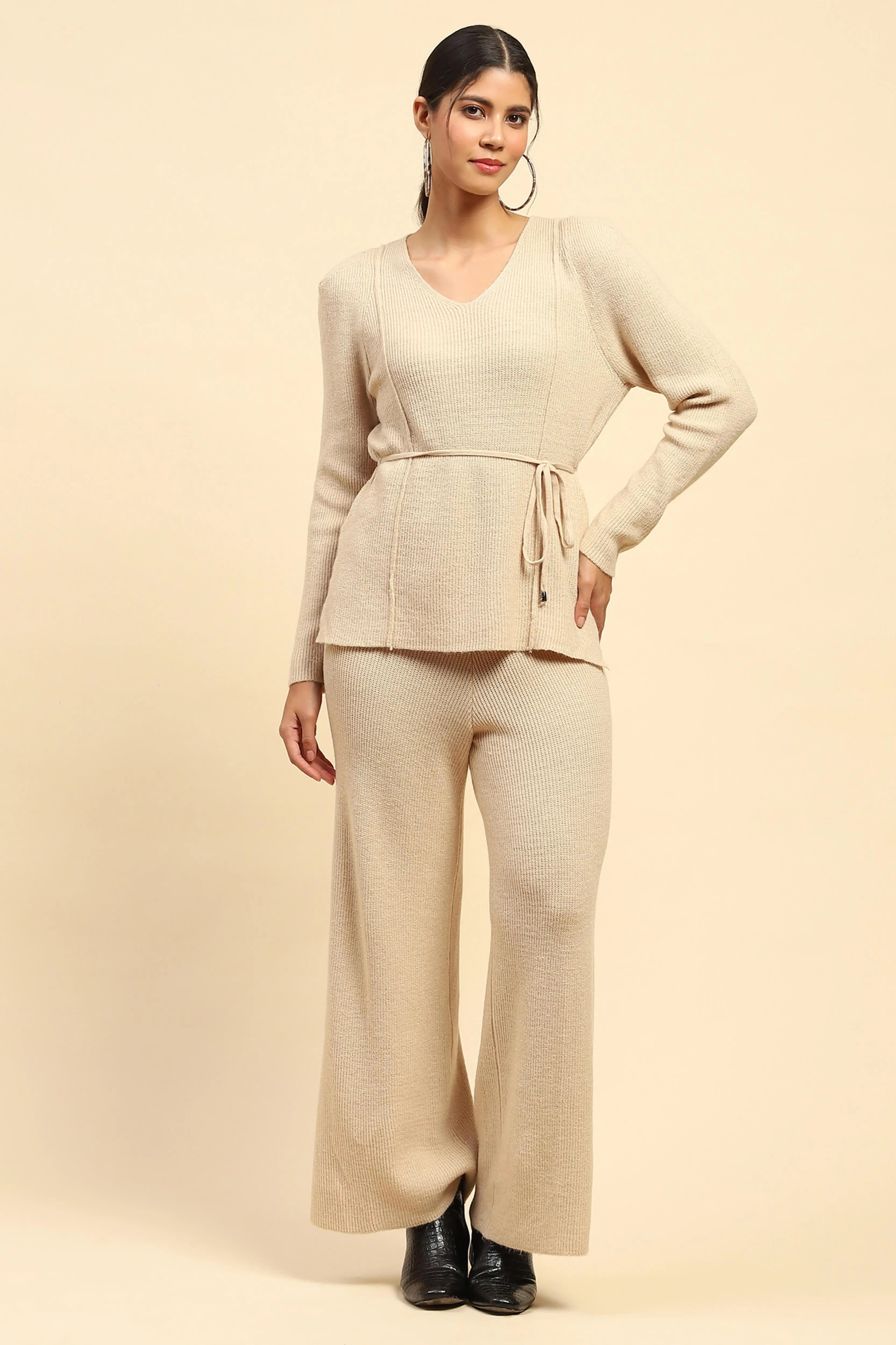 Beige Solid Acrylic Fit Winter Co-ord Set - Global Republic