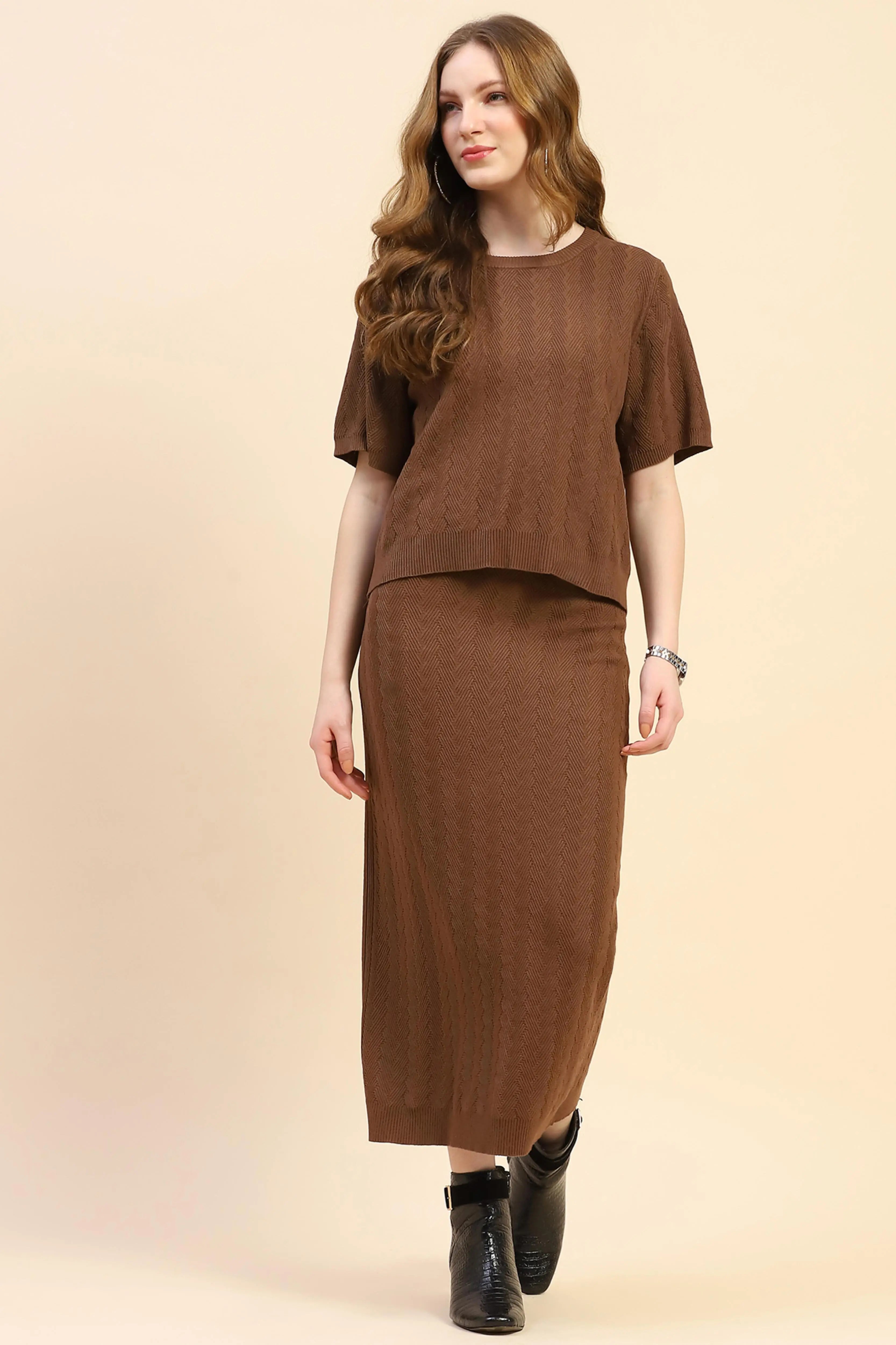 Brown Solid Viscose Blend Co-ord Set - Global Republic